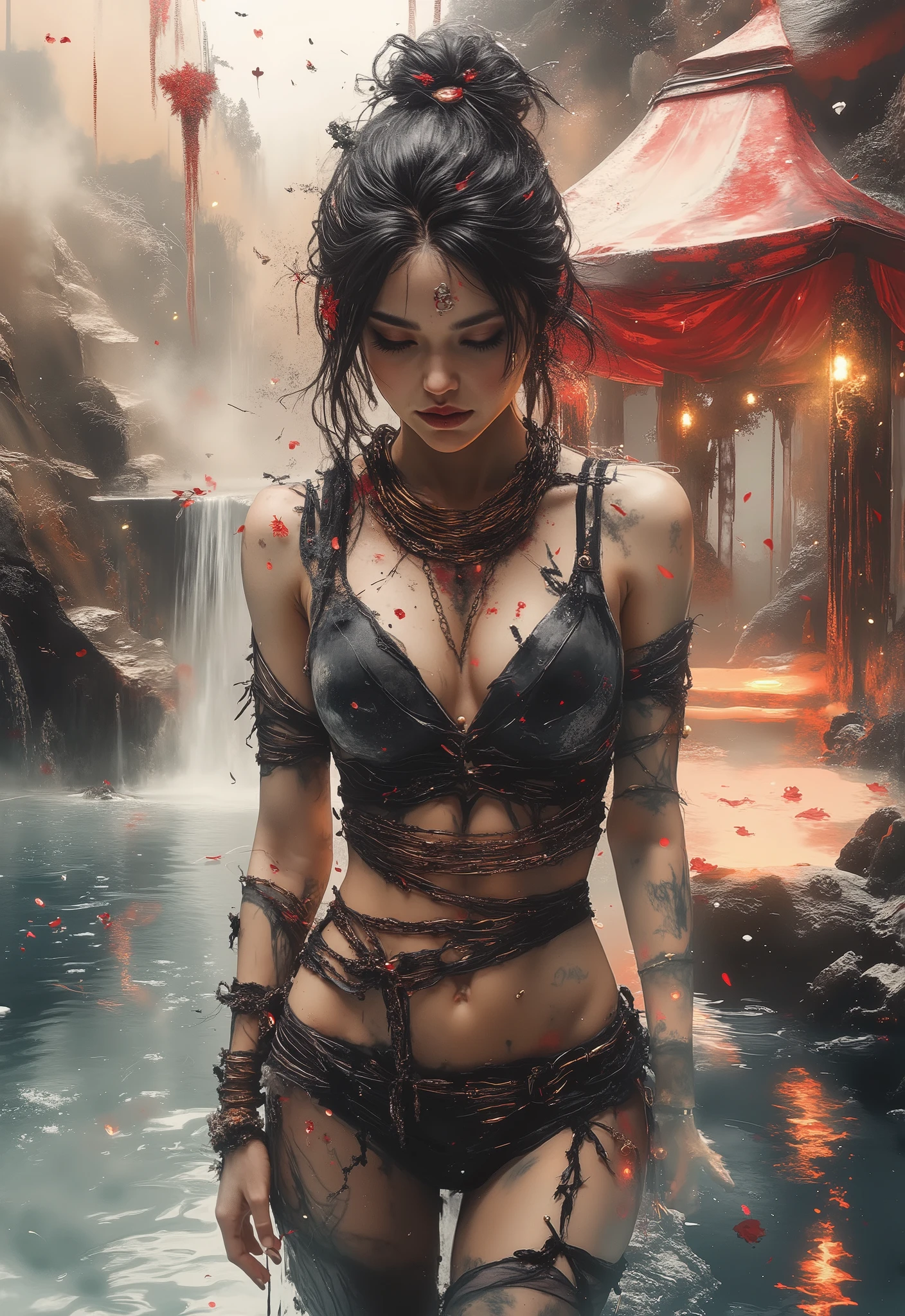 sexy female arabian princess, forehead jewelry, gold_chain_bikini, sexy posing, in an opulent tent in a desert oasis, belly chain, g-string, ass, cameltoe, pierced nipples, body jewelry, perfect anatomy, approaching perfection, dynamic, highly detailed, smooth, sharp focus, art by Carne Griffiths and Wadim Kashin, trending on artstation, sharp focus, intricate details, highly detailed, by greg rutkowski, mysterious, epic, cinematic, digital art, 4k,