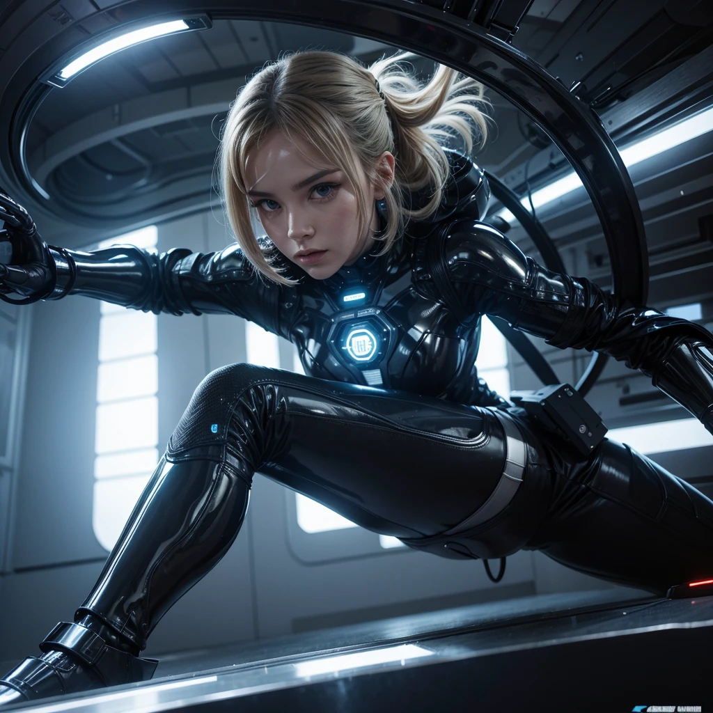 (((aerial view))), (flying cars docking platform), Blade Runner style futuristic city alley, neon lights, rainy night. (1girl, solo, alone), large-breast:1.2 slim body, cleavage:1.1, sexy wind blowing wet dress:1.4, headphone, (black sunglasses), (((she raised a pistol:1.8 and shot:1.8 the viewer))), dynamic pose, (((half-body thigh level medium shot))), cinematic vortex back lighting, lens flare, ray tracing, blurred:1.4 background.