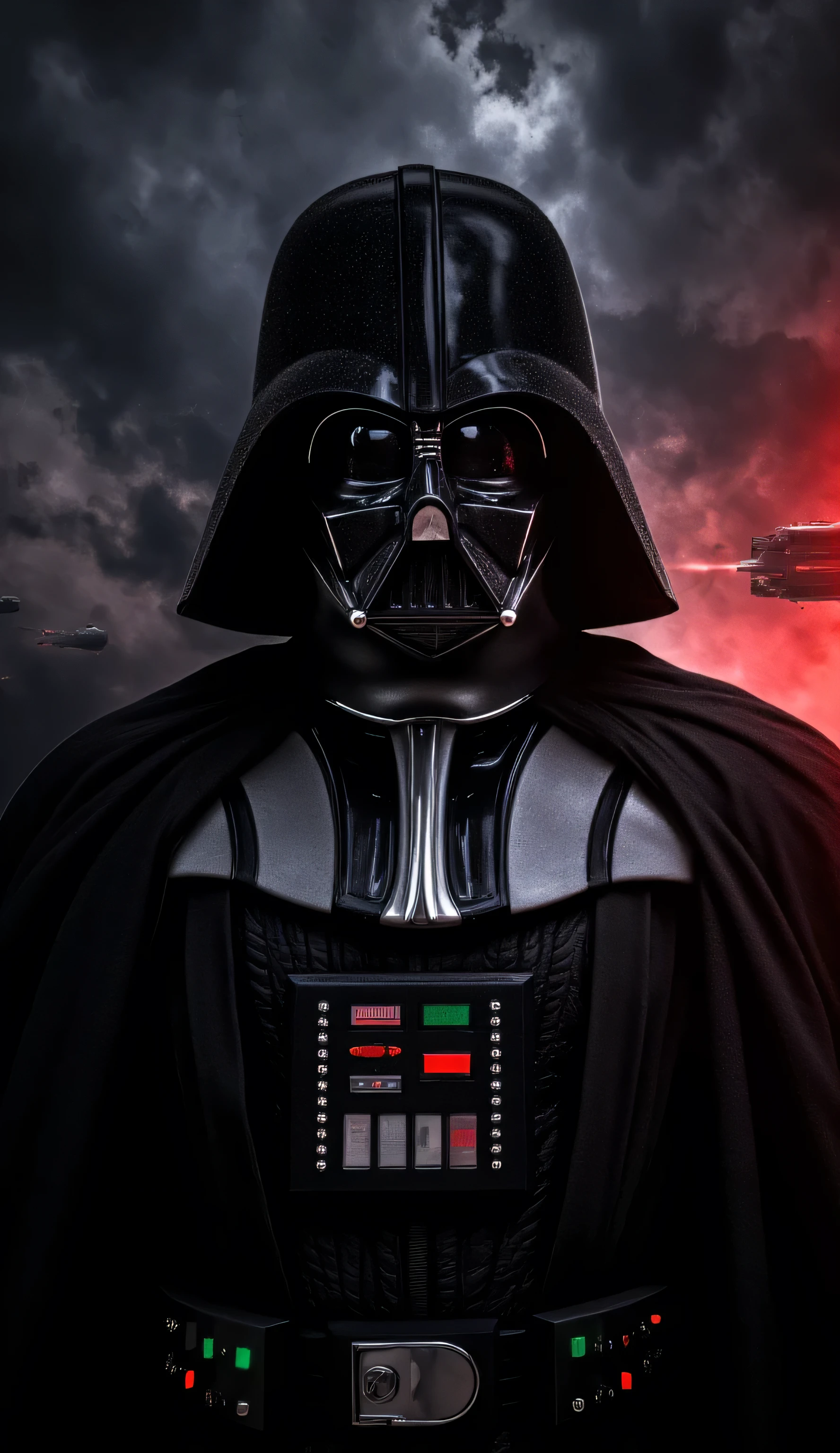 An epic portrait of Darth Vader in a dark and dramatic setting. His iconic black armor is depicted with hyper-realistic textures: subtle reflections on the curved helmet, wear marks on the metallic chest plate, and intricate details on the panels of his suit. The respirator on his mask emits a faint silver glow, while the red light from his lightsaber partially illuminates his figure, creating an intense contrast between light and shadow. In the background, an Imperial ship or a space scene with stars and reddish-gray nebula clouds. The atmosphere is oppressive yet majestic, with cinematic lighting that highlights his aura of power and darkness. His posture is imposing, with his black cape slightly billowing, showing intricate detail in the fabric’s weave. Every design element, from the glow of the lightsaber to the stitching on the suit, must be hyper-realistic and cinematic, evoking respect and fear