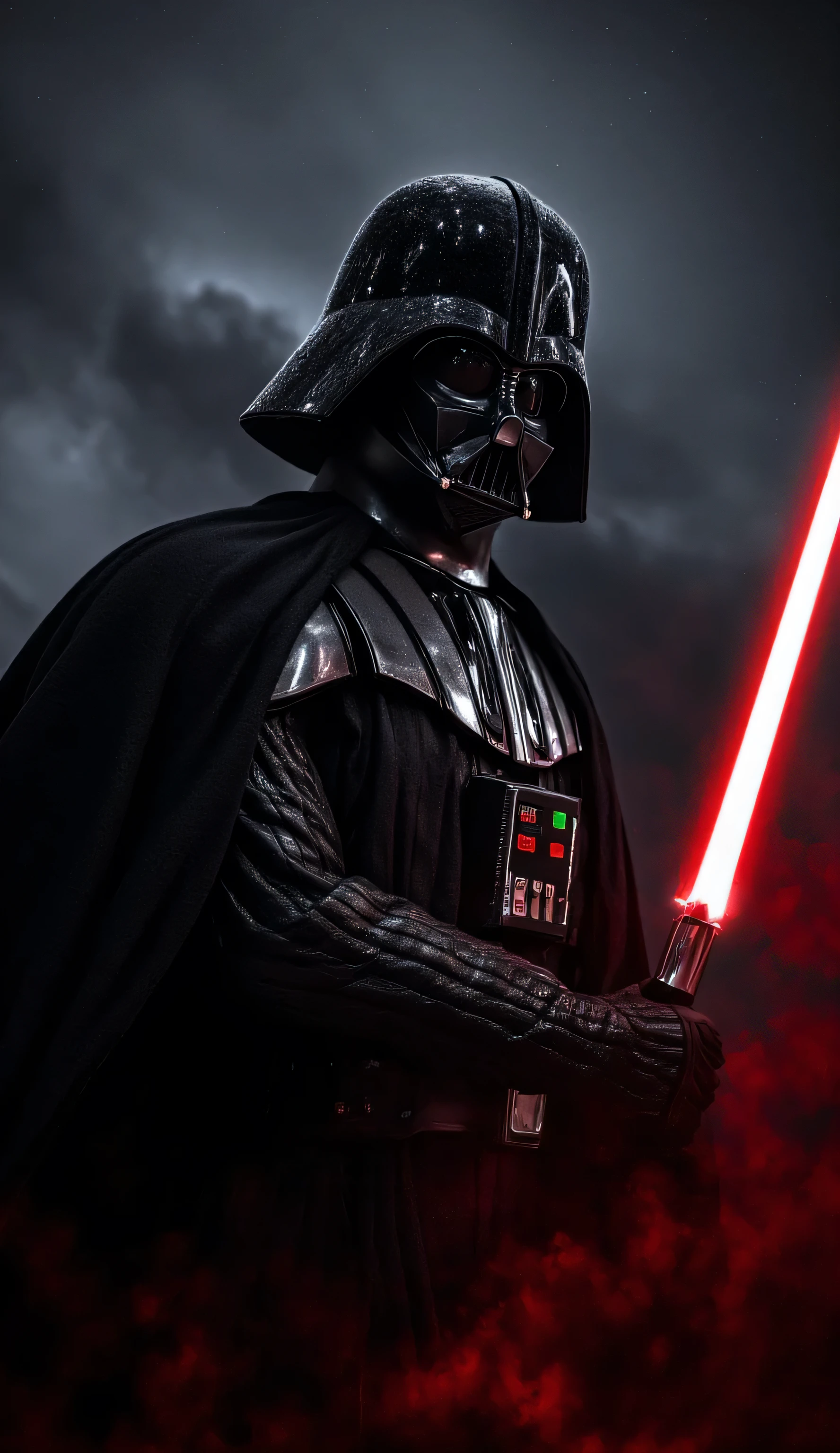 An epic portrait of Darth Vader in a dark and dramatic setting. His iconic black armor is depicted with hyper-realistic textures: subtle reflections on the curved helmet, wear marks on the metallic chest plate, and intricate details on the panels of his suit. The respirator on his mask emits a faint silver glow, while the red light from his lightsaber partially illuminates his figure, creating an intense contrast between light and shadow. In the background, an Imperial ship or a space scene with stars and reddish-gray nebula clouds. The atmosphere is oppressive yet majestic, with cinematic lighting that highlights his aura of power and darkness. His posture is imposing, with his black cape slightly billowing, showing intricate detail in the fabric’s weave. Every design element, from the glow of the lightsaber to the stitching on the suit, must be hyper-realistic and cinematic, evoking respect and fear