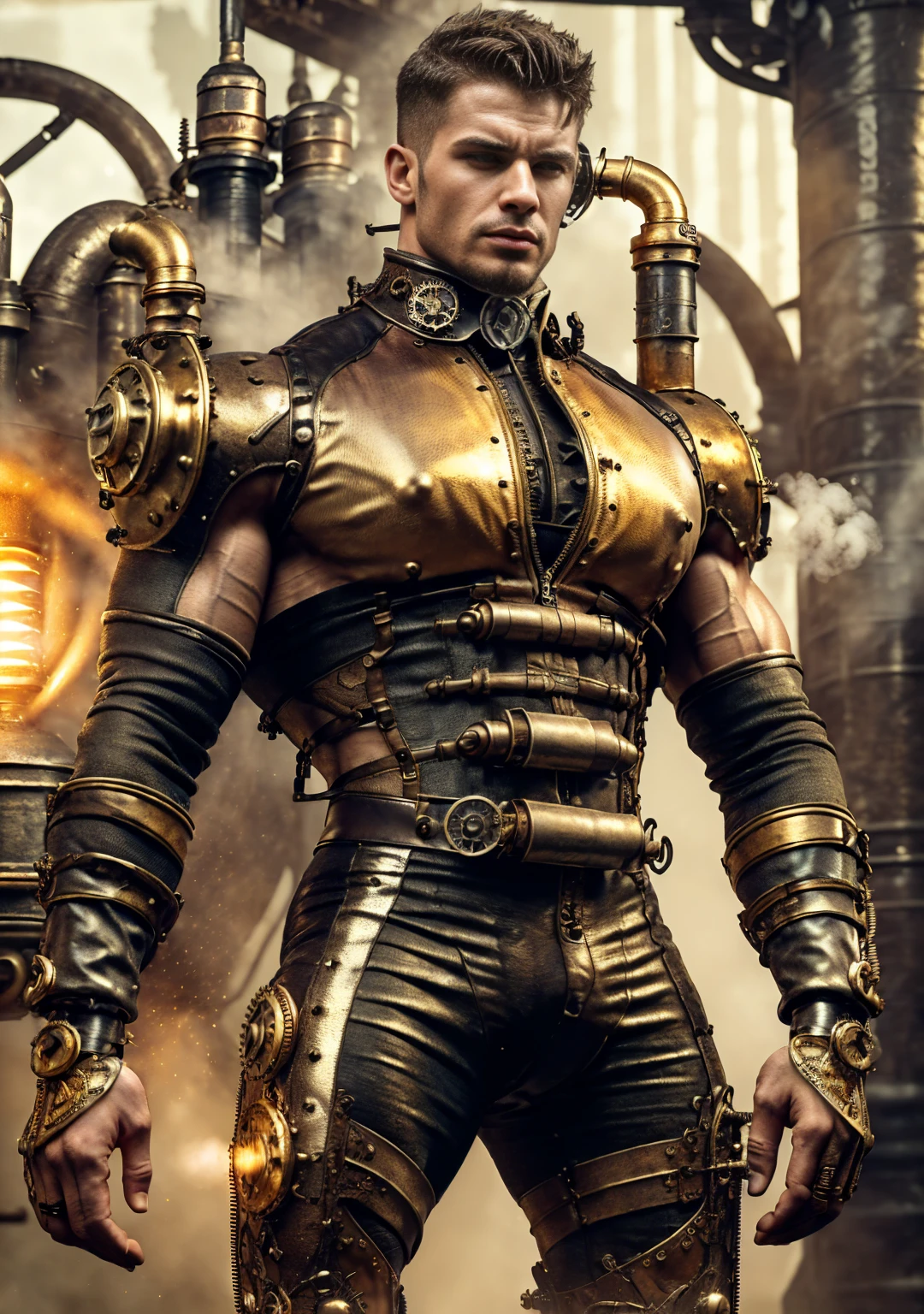 ((Masterpiece, High Quality)), Best Quality, highly detailed , ultrarealistic , cinematic ,realistic , photorealistic realistic eyes, intricate details, detailed background, depth of field, dynamic pose, dynamic angle ,male focus ,muscled man (1.0) ,handsome (detailed face) ,Young Arafed muscular chiseled very handsome man , (( steam4rmor,A muscular bodybuilder (1.0), veins on his arms , attractive tattooed man dressed in a detailed steampunk vest not covering his chest and abs(1.0), showing his muscled body with tattoos(1.0) ,The outfit includes leather straps, brass gears , a vest, and metallic accents. The man has a confident and alluring pose, with a mysterious expression. The background features an industrial steampunk setting with steam pipes, machinery, and a warm, vintage dark atmosphere , highly detailed, , detail face, tool enhancer ,slider 1.0)), realistic, masterpiece, intricate details, detailed background, depth of field, photo of a man ,looking like courage , ((light bokeh)) , highlighting the strong muscle lines , symbol of strength. Perspective and perspective: shooting from a low angle , highlighting the height and majesty of men. Or use a side perspective to show the posture and tattoo of a men.