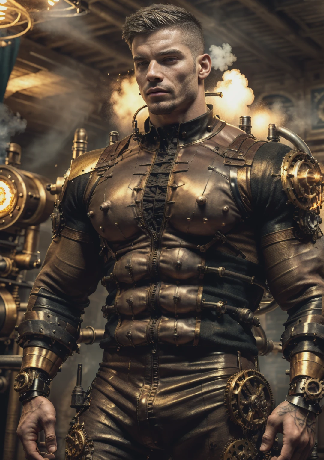 ((Masterpiece, High Quality)), Best Quality, highly detailed , ultrarealistic , cinematic ,realistic , photorealistic realistic eyes, intricate details, detailed background, depth of field, dynamic pose, dynamic angle ,male focus ,muscled man (1.0) ,handsome (detailed face) ,Young Arafed muscular chiseled very handsome man , (( steam4rmor,A muscular bodybuilder (1.0), veins on his arms , attractive tattooed man dressed in a detailed steampunk vest not covering his chest and abs(1.0), showing his muscled body with tattoos(1.0) ,The outfit includes leather straps, brass gears , a vest, and metallic accents. The man has a confident and alluring pose, with a mysterious expression. The background features an industrial steampunk setting with steam pipes, machinery, and a warm, vintage dark atmosphere , highly detailed, , detail face, tool enhancer ,slider 1.0)), realistic, masterpiece, intricate details, detailed background, depth of field, photo of a man ,looking like courage , ((light bokeh)) , highlighting the strong muscle lines , symbol of strength. Perspective and perspective: shooting from a low angle , highlighting the height and majesty of men. Or use a side perspective to show the posture and tattoo of a men.
