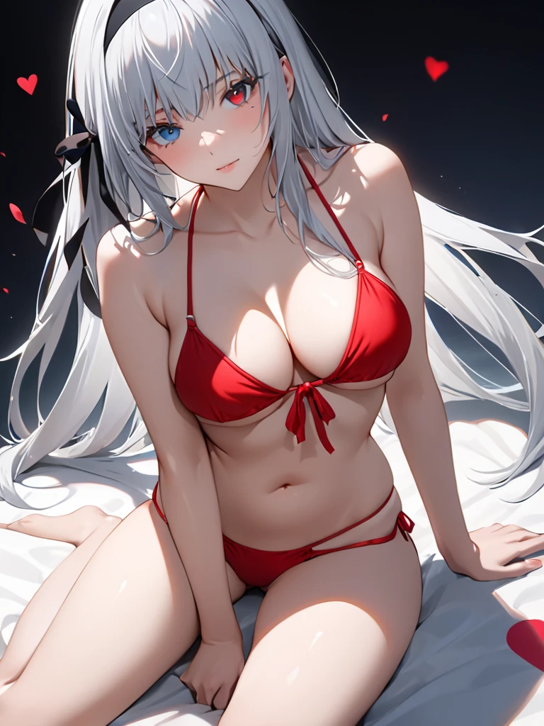 (red cat eyes)、独奏,Silver hair、(twin tail hair:1.5)、（DEMON horns）、Japanese Feng Shui、Summer Sea、Sandy Beach、criss-cross halter,underboob, 比基尼、Hot and tired face、Lying down