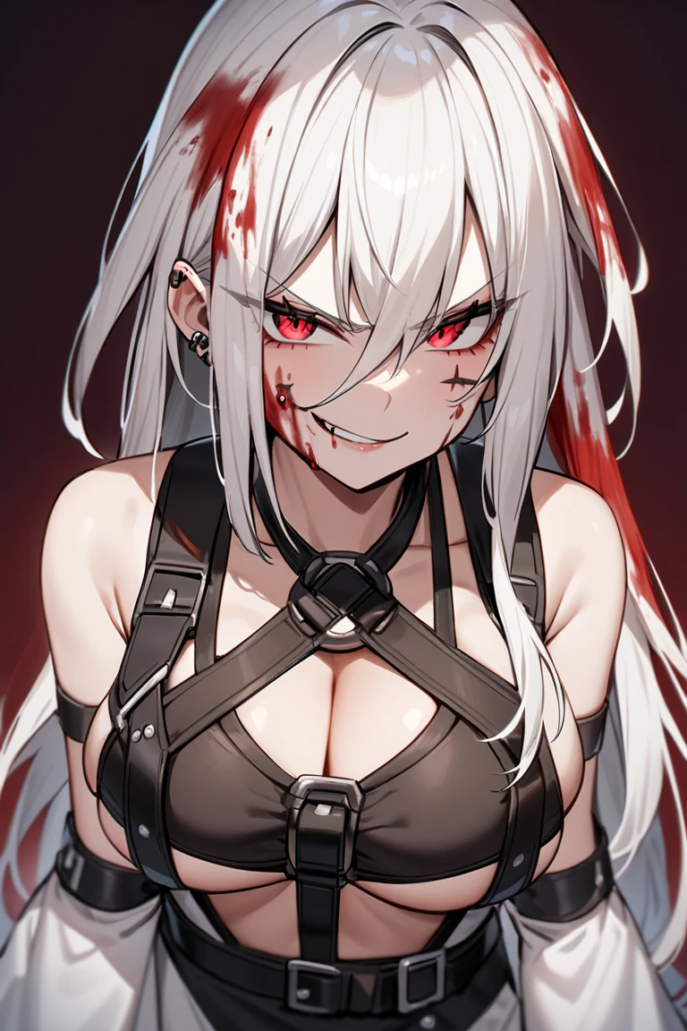 Best Quality, (Masterpiece:1.2), High Detailed, Cat Ears, 1girl, solo, tojo koneko, looking at the viewer, closed mouth, light smile, red eyes, white hair, short hair, hair decoration, cleavage, black neckband, erotica, sleeveless, (whole body, close-up), bare legs, (((bloody, scared, blood, evil))), healthy skin, ((seated)), ((bra)), ((punished, punishment, pain)), (prison cell)