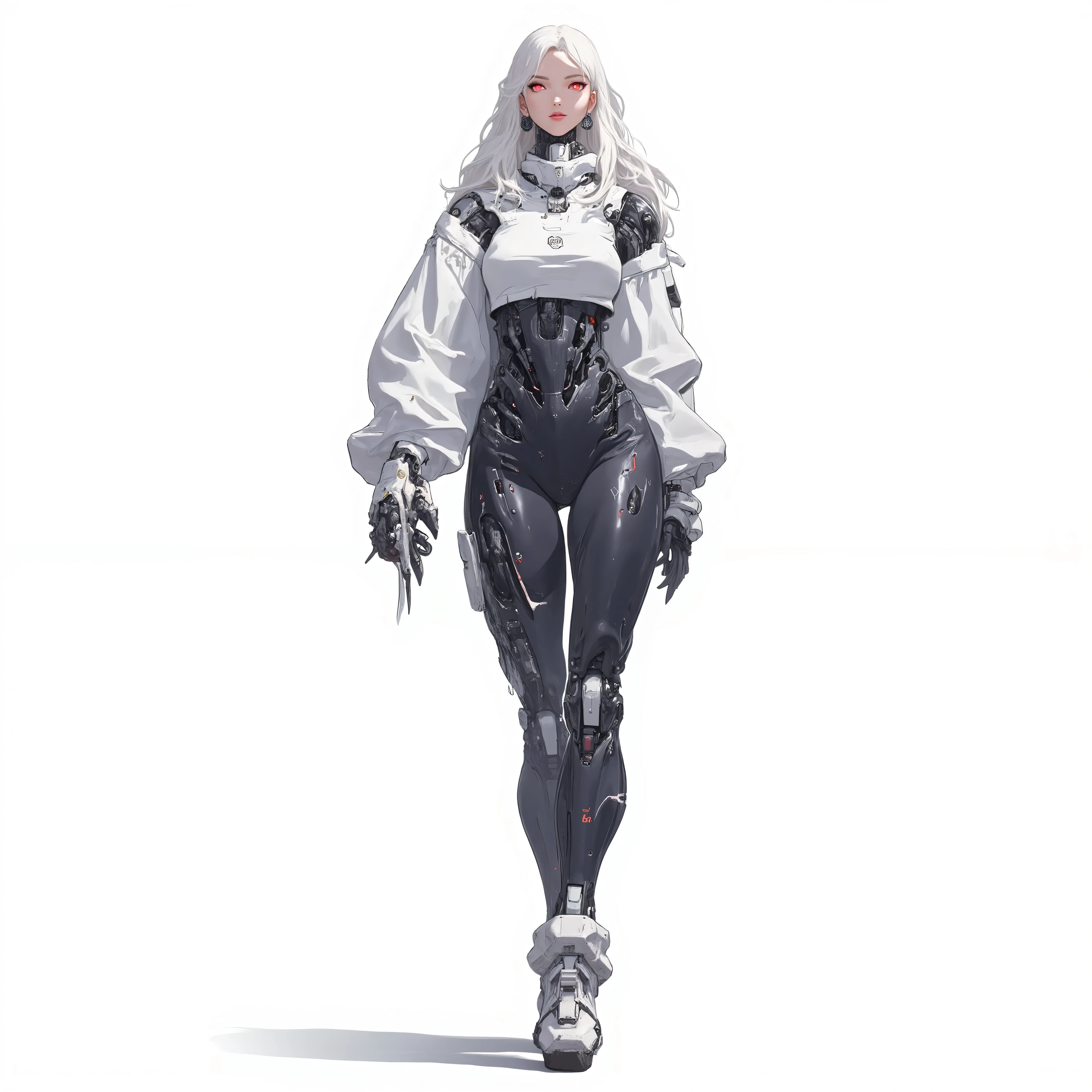 AI woman with cybernetic body black mechanics and darkgray plastic parts, very tall, with thick thighs, wide hips, long legs, high heel, and a slender waist. Dark red glowing eyes, medium length flowing white hair. Alluring, looking directly at the camera. Giant ultrafast dichroism and birefringence with an active nonlocal metasurface. Anime style, extreme detail, extreme photorealism, realistic lighting, shadows, and textures. nothing in hand. 8K resolution with ray tracing. Isolated white background. Hyper-professional quality, extreme detail, perfect continuity, anatomically correct, flawless anatomy. Inspired by Baiōken Eishun and rayonism. Official art, character full size.