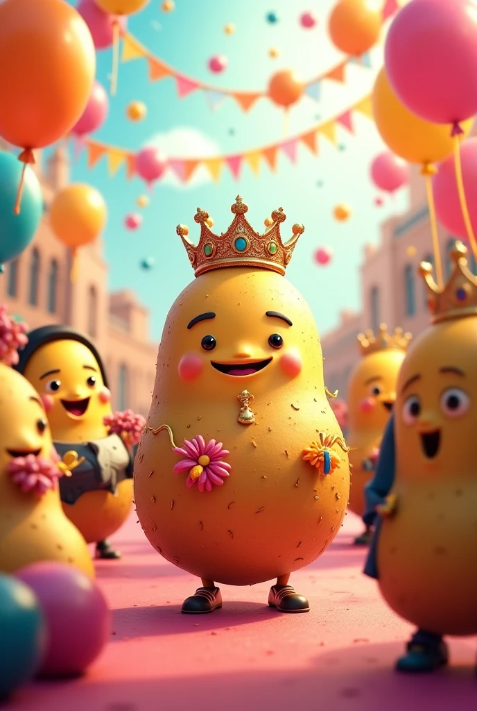 Tiny potato kings wearing majestic crowns, sitting on thrones, overseeing their vast potato kingdom filled with potato subjects and potato castles