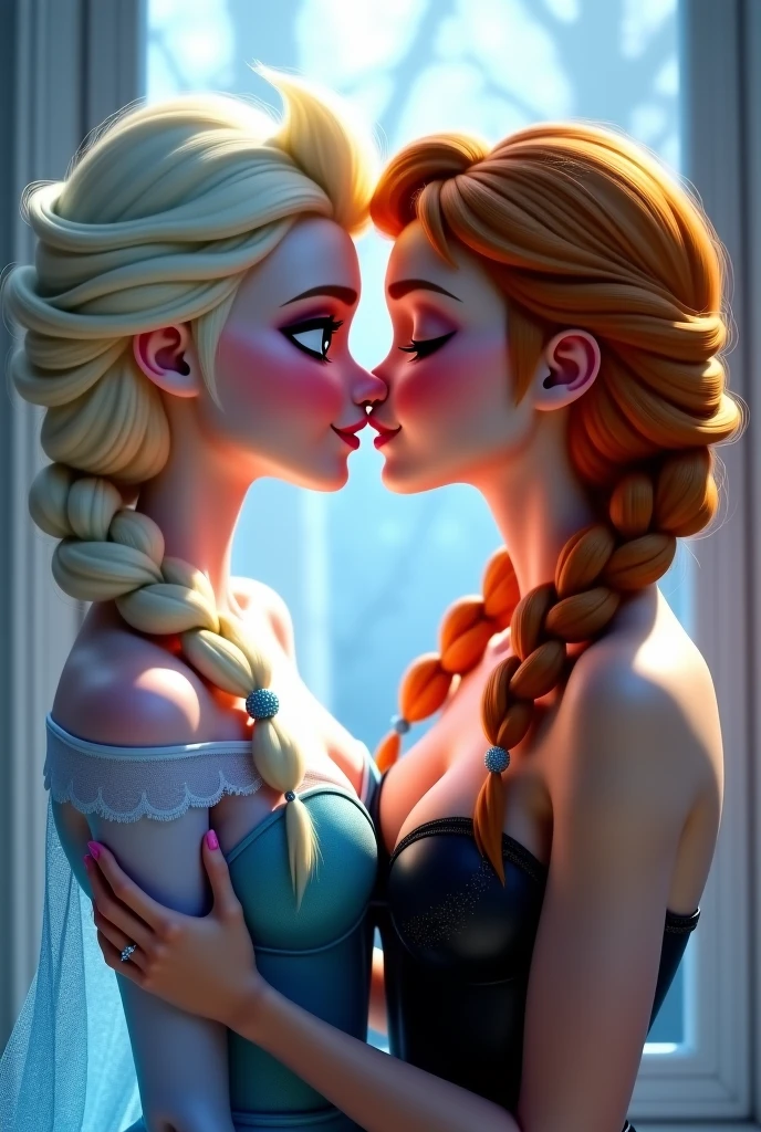 A stunning portrait of Elsa and her sister Anna touching each others breasts, kissing, French kissing, tongues touching, they are kissing, young and beautiful, hyper realistic, real portrait, backlit, exquisite features, cleavage, Elsa is in ecstasy, elsa is shorter than Anna, Anna is confident, Elsa is unsure, Anna has red hair, exposed breasts