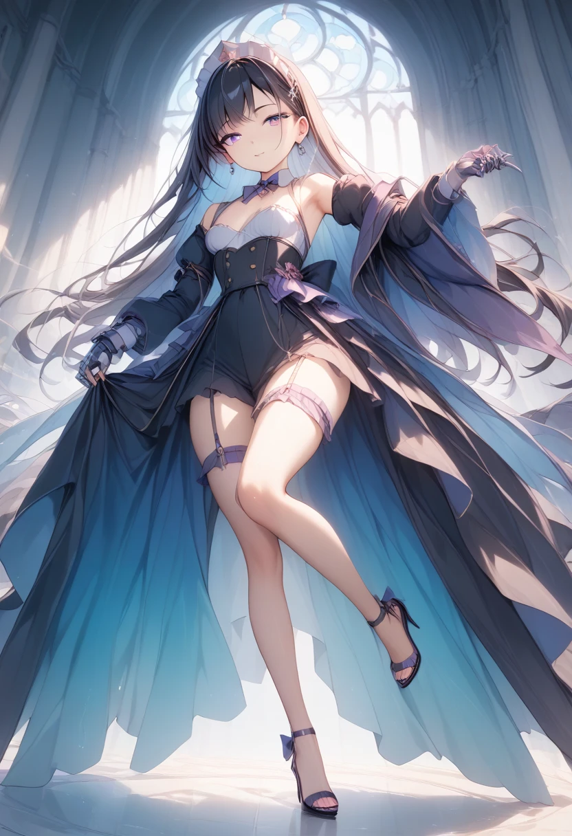 Anime character succubus sky blue long hair black dress black silk pantyhose black high heels，Lazy beautiful big sister