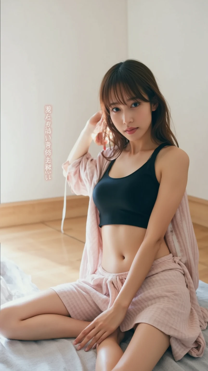 Woman sitting on bean bag chair in room, Engaging pose, posing in bra, Gorgeous young Korean woman, beautiful Korean women, Beautiful young Korean woman, 奈良美智, wearing bra, relaxed poses, model with attractive body, Beautiful asian woman sitting, hi - res scan, high - resolution scan