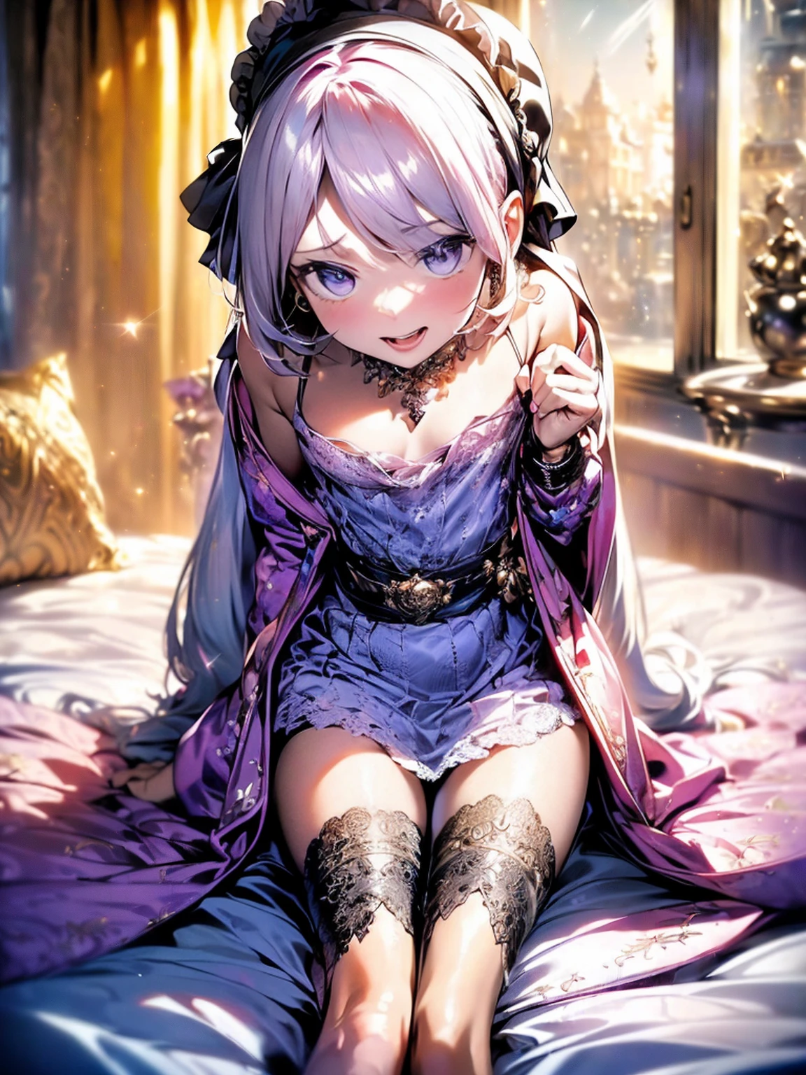 front view, masterpiece, 1girl, glister hair, big eyes,((showing pussy)), armpit, dancing, sweat, wet, see-through, ((silver hair)), armpit through shirt sleeve, no bra, very loose shirt, white shirt, plead skirt, highly detailed face, highest detailed CG, perfect figure, perfect anatomy, medium breasts, slim, 14 years old, solo, 1 girl, beach, mini skirt, full eye open, bangs, arm raiser, peace sign, knee closed, leg close, Elaina, elaina \(majo no tabitabi\), black_headwear, black_robe, bow, bowtie, collared_shirt, hat, hooded_robe, long_hair, long_sleeves, open_clothes, open_robe, ribbon, robe, shirt, white_shirt, witch, witch_hat, yellow_bow, yellow_bowtie, yellow_ribbon,