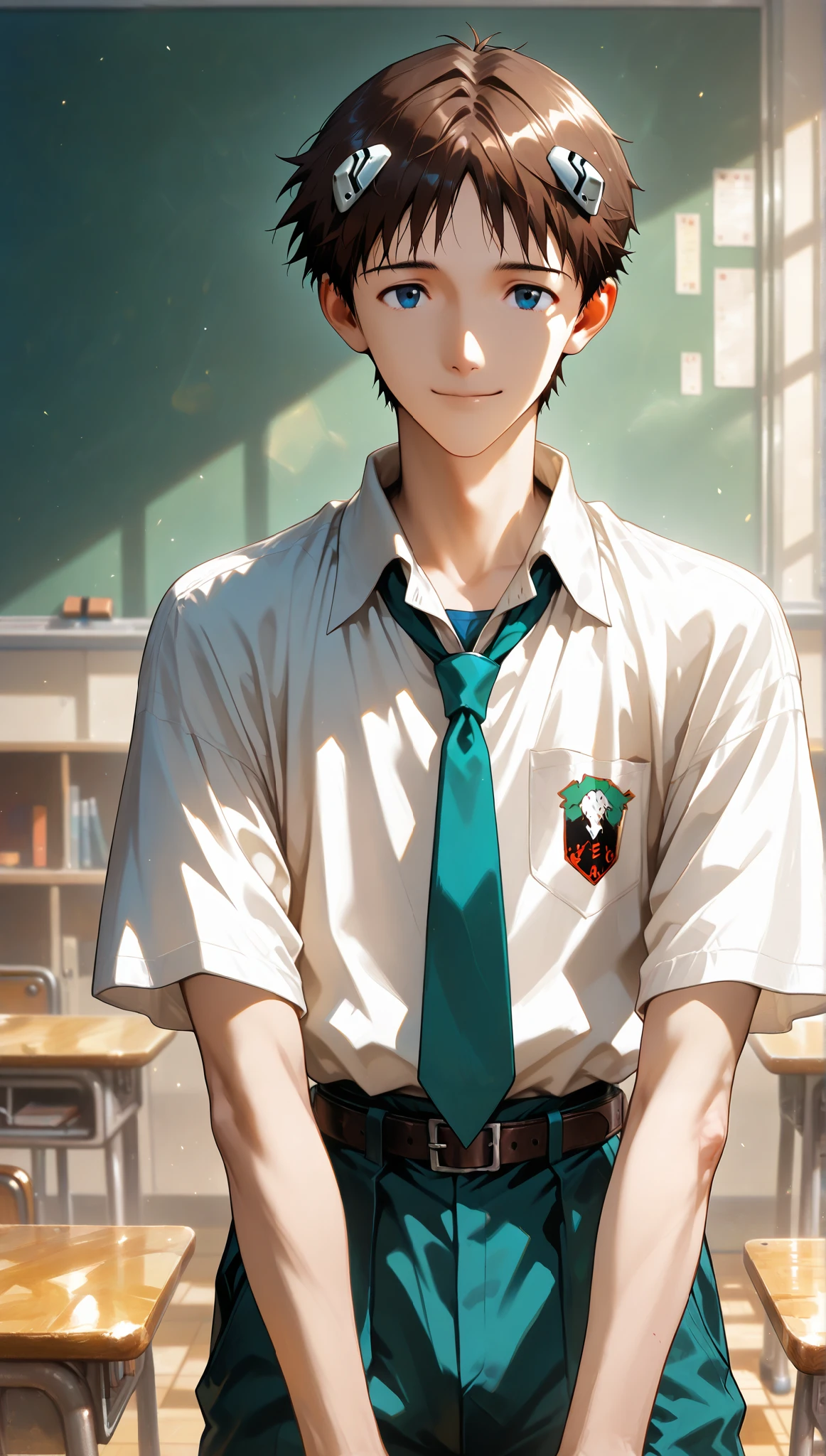 very aesthetic, 걸작, 고해상도, 8k 해상도, 매우 상세한, best_quality, finely_detailed_eyes_and_detailed_face, 1 male, (Ikari shinji, Evangelion, classroom), school_uniform, straight-on, cowboy_shot, looking_at_viewer, closed_mouth_smile