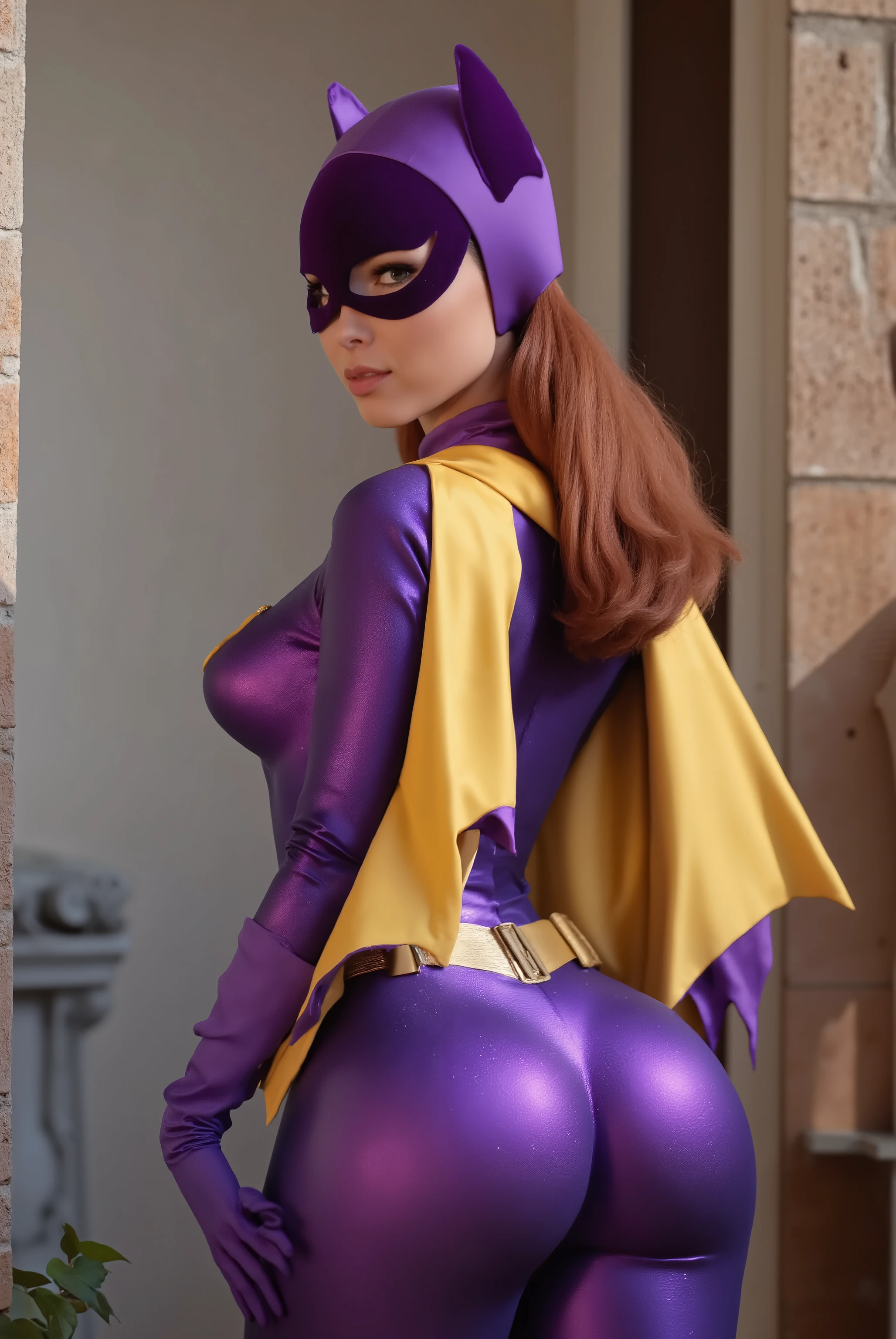 sexy Hungarian model, Masterpiece, Award Winning, High Quality, artgerm, solo, bubble butt, wearing retro Batgirl purple costume , , big breast, retro red hair, looking at viewer, makeup, yellow Batgrl cape, b4tg1rl woman, posing sexy, back angle, showing her ass, focus on her ass, She has a round ass, Round ass
, Backwards