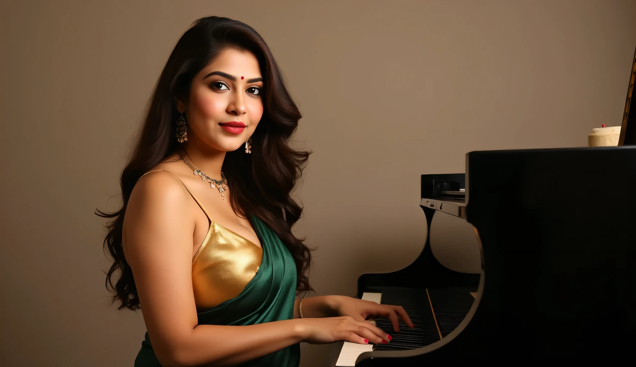 Indian beautiful woman sexy alluring face bhabhi playing piano, Mouth slightly open,Kajal in eyes, red sindoor on forehead, heavy mascara,Giving sexy look to viewer's,big long earrings,(( Wearing sleeveless bikini blouse)),Medium size mole on breast and armpits,Both hand's onpiano keys ,A 25yr old Indian busty pale detailed white skin woman(bimbo body physique), extreme cleavage, downblouse,tight sleevless blouse shiny metallic dark green satin saree on a plain metallic gold arm short arm sleeveless blouse upper cleavage,very long hair,large breasts, tight blouse and tight saree,makeup,brown hazel eyes,thin shaped eyebrows and cute long eyelashes, make-up,Large breasts,pink eyeshadow,black smoky mascara,Hyperrealism, bimbo facial features,Accurate, tight blouse, accurate Perfect hands #playing piano