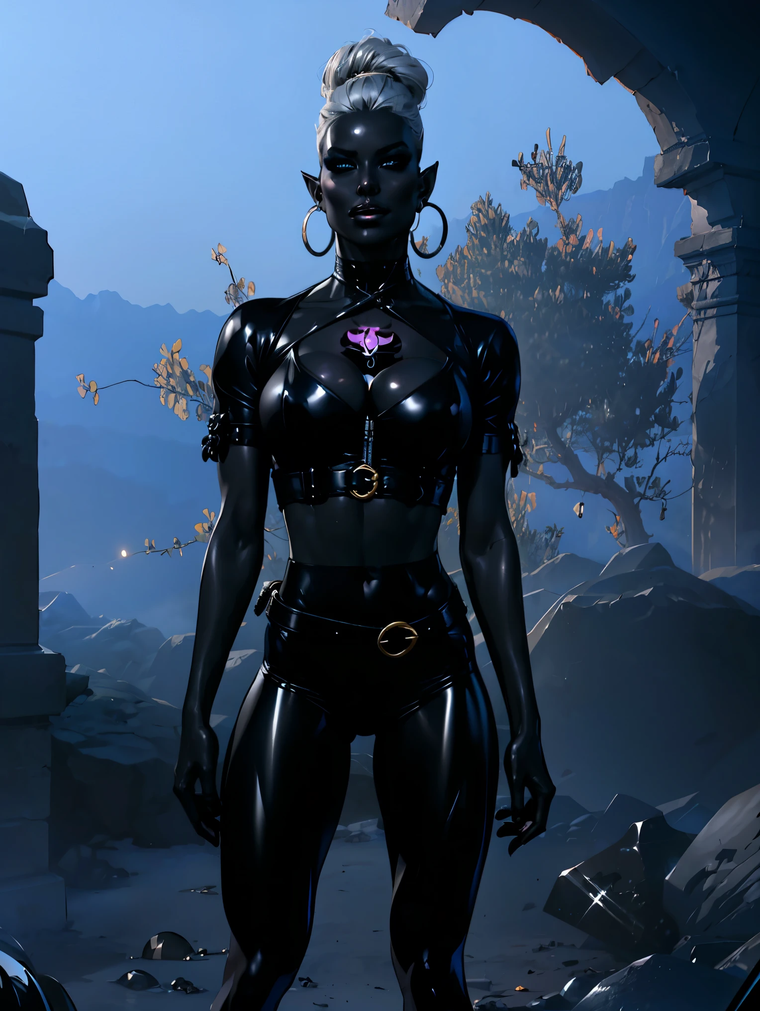 (best quality, 4k, 8k, highres, masterpiece:1.2), ultra-detailed, (realistic, photorealistic, photo-realistic:1.37), cinematic lighting, fantasy realism, Baldur’s Gate aesthetic, dark fantasy atmosphere, rogue archetype, drow, dark elf beauty, seductive and deadly,A breathtaking dark elf rogue with **((smooth, obsidian-black skin:1.8))** that shimmers under the dim cavern light. Her **piercing crimson eyes glow like embers**, radiating both danger and allure. Her **platinum-silver hair** is styled in a **voluminous high messy bun**, with **loose wavy strands framing her flawless, angular face**. Her **pointed ears** peek through her silky locks, adorned with **intricate silver piercings**,Her **body is a masterpiece of both power and seduction**, boasting an **extreme hourglass figure**—**gravity-defying 36-HH enhanced breasts, a cinched 19-inch waist, and a sculpted 42-inch bubble butt**, all balanced on **thick, toned thighs built for agility and stealth**. Her **full, glossy dark lips** curve into a sly, knowing smirk,She wears a **tight, black leather bodysuit**, reinforced with enchanted mithril plating that **clings to her curves like a second skin**. The outfit is **strategically cut**, revealing teasing glimpses of **glowing violet runic tattoos** along her thighs and collarbone. A **deep cleavage cutout** highlights her ample chest, while a **dagger belt cinches around her wide hips**, carrying her twin enchanted daggers, She stands in the shadows of a **gloomy, mystical Underdark cavern**, with **bioluminescent fungi casting an eerie blue glow**. Behind her, the **ruins of an ancient drow temple** whisper secrets of betrayal and power. She leans casually against a stone pillar, her **hips cocked to the side, one hand resting on the hilt of her blade**, exuding both confidence and danger. A **dark smirk plays on her lips**, as if she knows she could kill or seduce in the same breath,