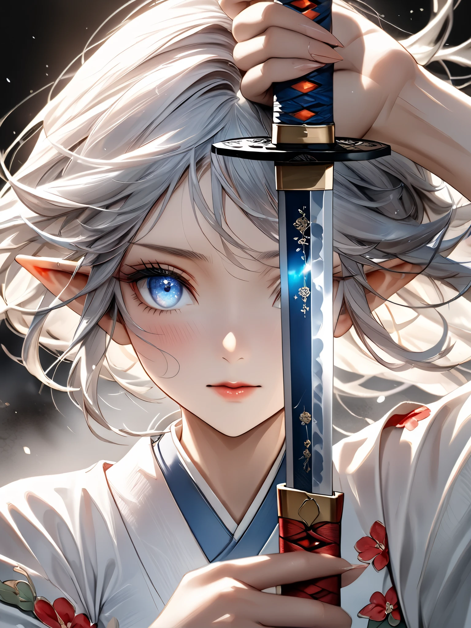 (masterpiece:1.1576),best quality,best aestethic,(high resolusion:1.2155),(ultra detailed 8k art:1.05), ultra-detailed face, beautiful detailed eyes,detailed hair texture,shiny skin,realistic glistening skin,perfect hand,detailed cloth texture,
break
1girl,(elf ears:1.15),blue eyes, silver hair,shiny hair,short ponytail,(swept bangs:1.1),elf,divine atmosphere, (40 years old:1.1), (Watercolor:1.1),
break
perfect white furisode,perfect samurai katana,arm up,vertical drawing sword,(perfect red camellia:1.1),Camellia backgroundfront facing,direct gaze,close-up,ronin,