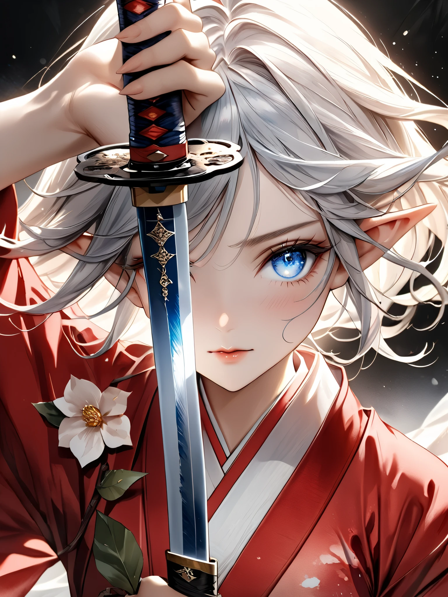 (masterpiece:1.1576),best quality,best aestethic,(high resolusion:1.2155),(ultra detailed 8k art:1.05), ultra-detailed face, beautiful detailed eyes,detailed hair texture,shiny skin,realistic glistening skin,perfect hand,detailed cloth texture,
break
1girl,(elf ears:1.15),blue eyes, silver hair,shiny hair,short ponytail,(swept bangs:1.1),elf,divine atmosphere, (40 years old:1.1), (Watercolor:1.1),
break
perfect white furisode,perfect samurai katana,arm up,vertical drawing sword,(perfect red camellia:1.1),Camellia backgroundfront facing,direct gaze,close-up,ronin,