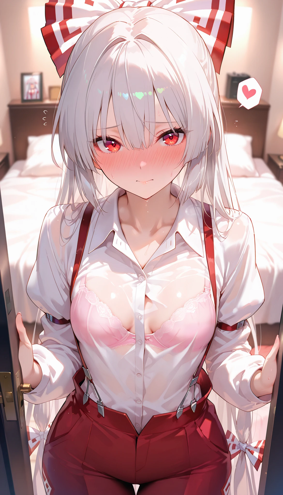 masterpiece, beautiful woman, adult female, cute, score_9, score_8_up , score_7_up , , rating_ general , bow,zzMokou, red eyes, hair between eyes, grey hair, hair bow, hair ribbon, long hair, very long hair, white hair, bow, suspenders, small breasts, white shirt, shirt, long sleeves, pants, white bow, red pants, collared shirt, slim, slender body, (NSFW, bra), (indoor, Love Hotel , bed, dim), full-face blush、speech bible, lovely face, embarrassed, sweat, full blush, loving you, hide your face with your hands when parting ways:1.3, lovely hearts:1.4, heart-shaped pup ils, speech bible, throw, source_anime