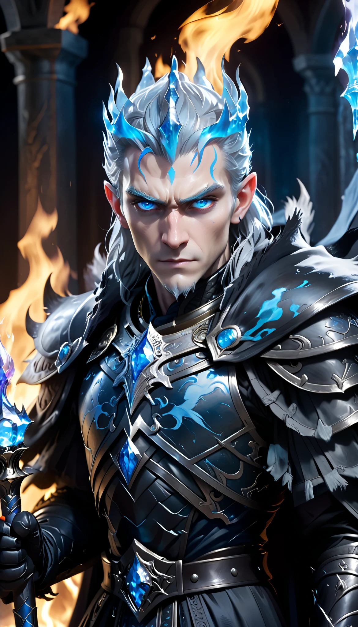 In the heart of a dark castle , an immortal king rules the darkness with a look cold and merciless . The Night King is an imposing figure , wearing black armor adorned with silver and ruby details that glow weakly like dying embers. His long, ragged cape flows like living shadows , as her crown carved from ancient bones exudes a spectral energy . His pale skin contrasts with his icy blue eyes , shining with an ancient power . He holds an obsidian scepter In bluish flames , radiating an aura of darkness and ice . Behind him, thrones of swords and skulls rest in a grand room , illuminated only by floating bluish flames . The atmosphere is charged, the heavy, cold air like a tomb . realistic anime style, with cinematographic lighting , dramatic contrasts and a dark and epic mood .