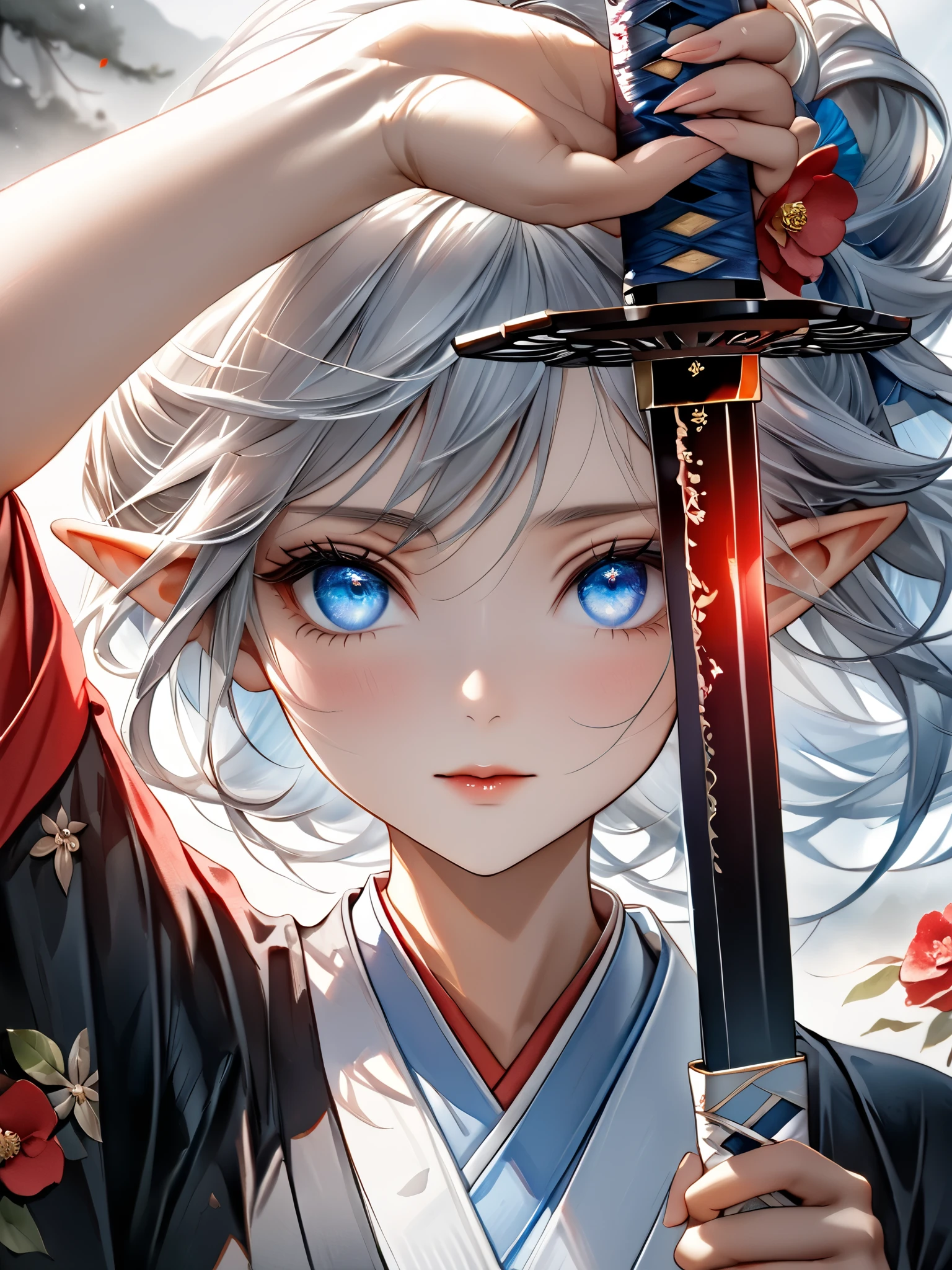 (masterpiece:1.1576),best quality,best aestethic,(high resolusion:1.2155),(ultra detailed 8k art:1.05), ultra-detailed face, beautiful detailed eyes,detailed hair texture,shiny skin,realistic glistening skin,perfect hand,detailed cloth texture,
break
1girl,(elf ears:1.15),blue eyes, silver hair,shiny hair,short ponytail,(swept bangs:1.1),elf,divine atmosphere, (40 years old:1.1), (Watercolor:1.1),
break
perfect white furisode,perfect samurai katana,arm up,vertical drawing sword,(perfect red camellia:1.1),Camellia backgroundfront facing,direct gaze,close-up,ronin,