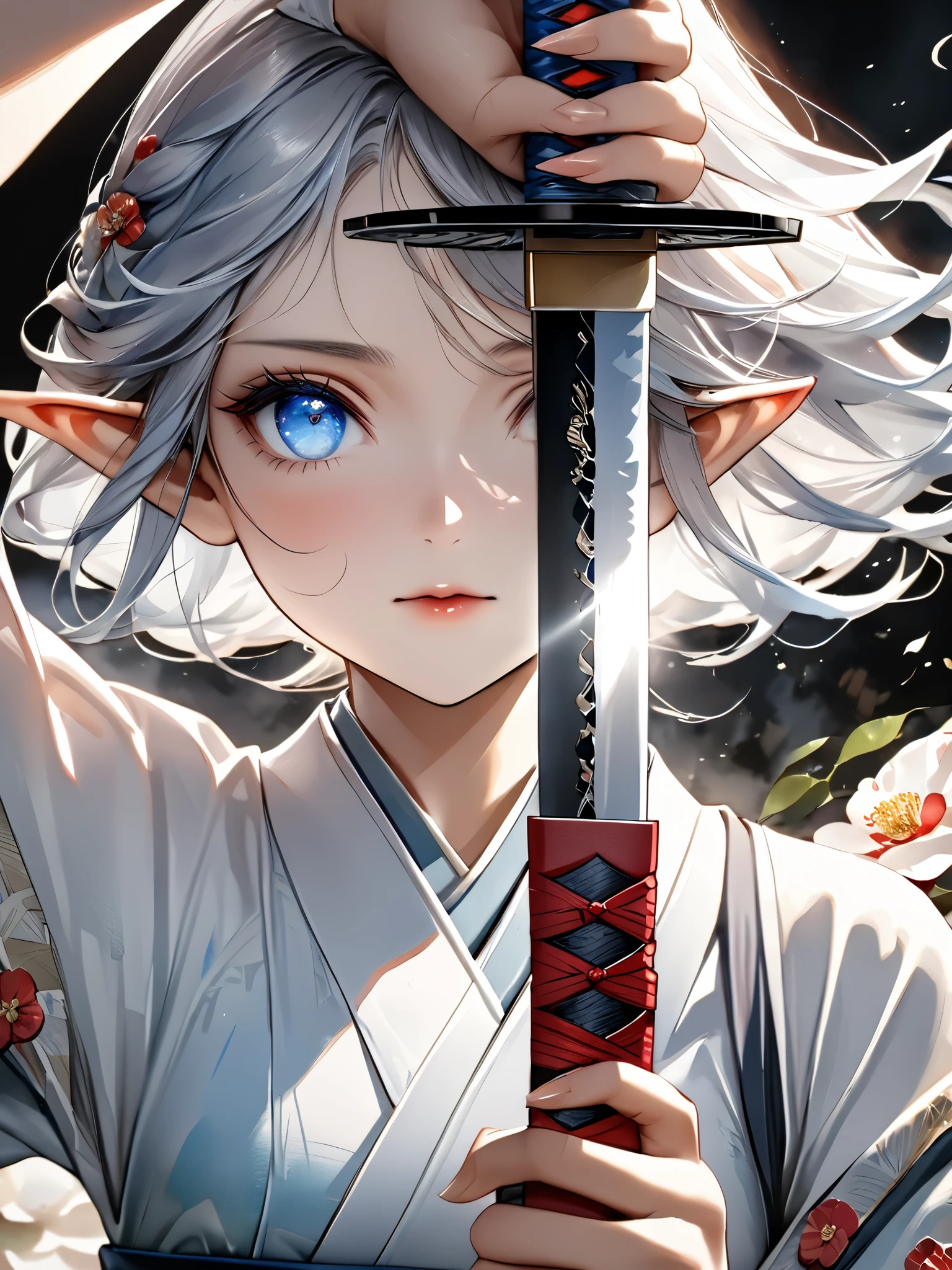 (masterpiece:1.1576),best quality,best aestethic,(high resolusion:1.2155),(ultra detailed 8k art:1.05), ultra-detailed face, beautiful detailed eyes,detailed hair texture,shiny skin,realistic glistening skin,perfect hand,detailed cloth texture,
break
1girl,(elf ears:1.15),blue eyes, silver hair,shiny hair,short ponytail,(swept bangs:1.1),elf,divine atmosphere, (40 years old:1.1), (Watercolor:1.1),
break
perfect white furisode,perfect samurai katana,arm up,vertical drawing sword,(perfect red camellia:1.1),Camellia backgroundfront facing,direct gaze,close-up,ronin,