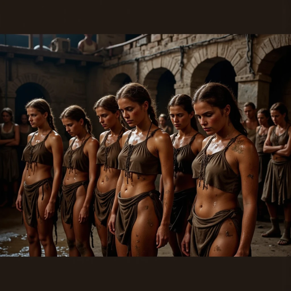 a group of 10 young humble semi-nude girls aged 30 cultivating vines in the fields of Crete, Neolithic era, real-life photograph, beautiful Minoan architecture, photorealistic, 8k, hyperdetailed, natural lighting, golden hour, lush greenery, intricate stone buildings, rustic, organic textures, warm color palette, dramatic shadows, cinematic composition