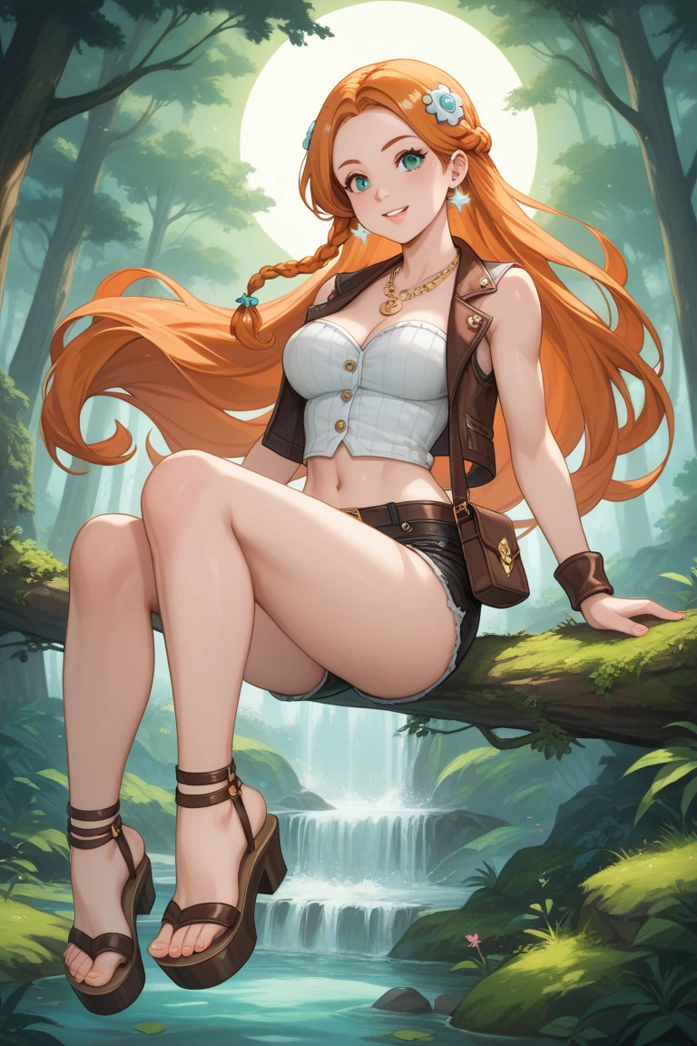 masterpiece:1.2, (best quality), ), (8k, 4k, ), viewed from the bushes, highly detailed:1.2, detailed face:1.2 ,(dynamic pose:1.2),( anna is bathing), 1girl, solo, green eyes, auburn hair, towel,  hair is loose, hair is wet, river