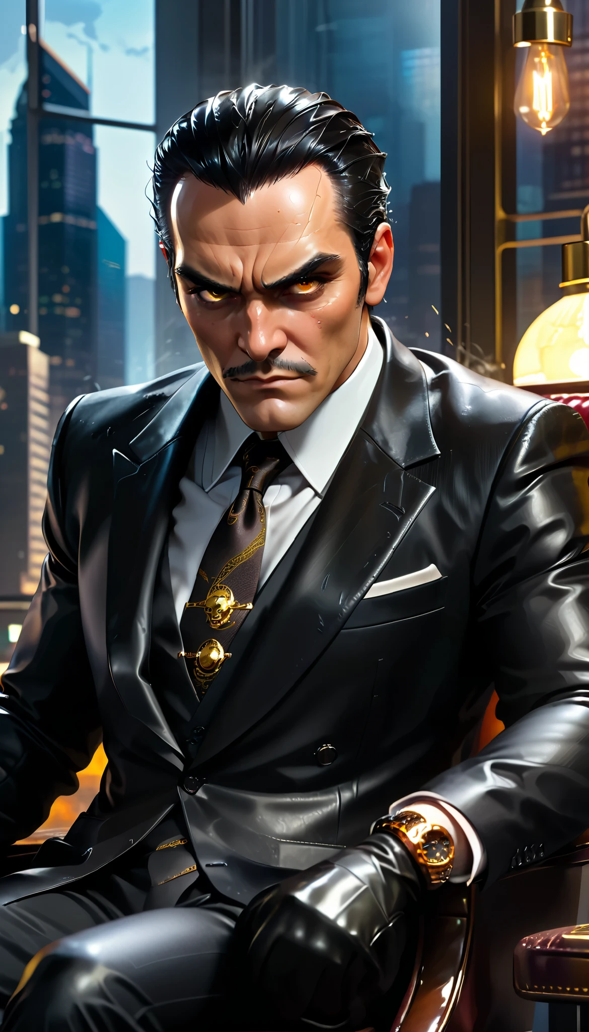 Sitting in an armchair In black leather in his luxurious office , a kingpin of Crime rules the streets with a cold and calculating eye . He wears an impeccable black suit , custom-tuned , with a dark silk tie and perfectly aligned leather gloves . in your right hand, shines a golden ring with a skull symbol , representing your absolute domination over the city . His expression is serious and intimidating, the sharp eyes analyzing every detail around you , like a strategist always ahead of his enemies . Behind him, a glass wall reveals the city illuminated by night , with shining skyscrapers and neon lights reflecting off the wet ground . A cigar burns slowly in a silver ashtray on his mahogany table, and by your side, a glass of pure whiskey reflects ambient light . The atmosphere is dense and charged with power , as if this man's every move could change the fate of the underworld . The realistic anime style features fine details , dramatic lighting and an atmosphere of power and mystery .