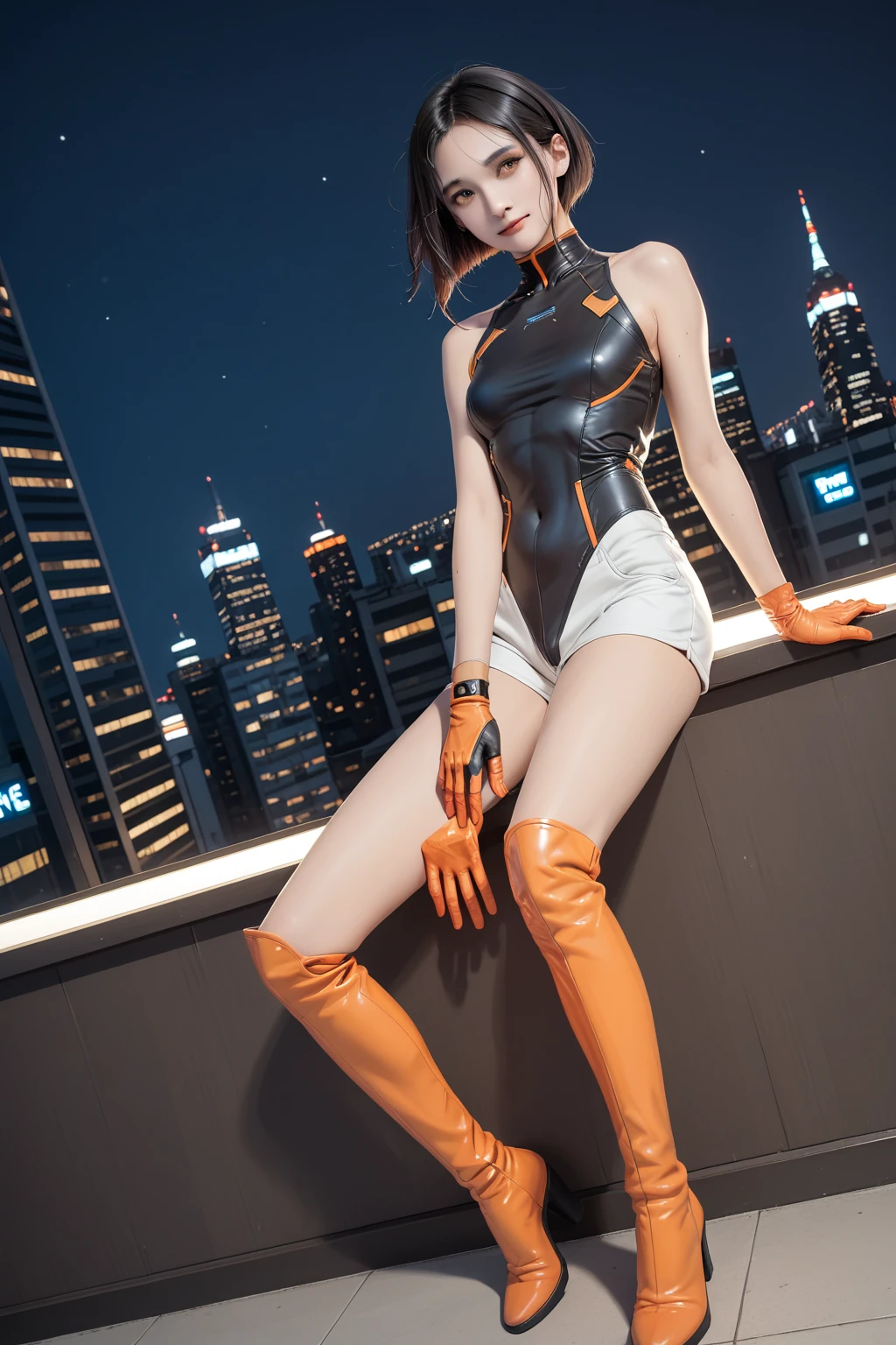 1 girl,Solo,White color hair,short detailed hair,Solo,Pretty big breasts,Pose for photos in orange tights and green stockings, Skinny orange jumpsuit, Wear orange tights, Wear orange latex clothing,full body shot of, tight attire, full bodyesbian! Pretty face。Cinema lenses,Global light,Ambiguous scenes。