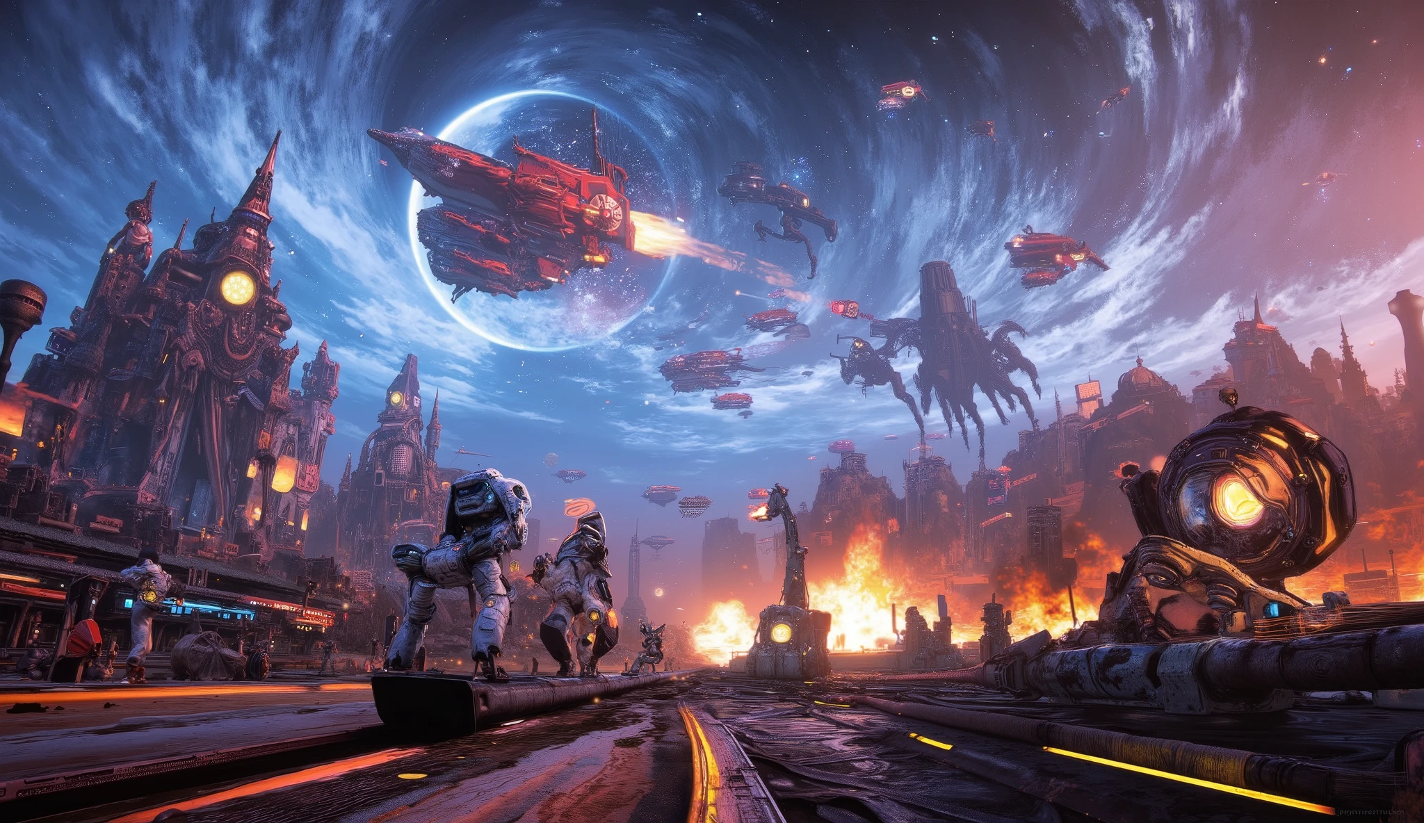 An epic intergalactic space war, hyperrealistic, highly detailed , cinematographic composition , Dramatic lighting, brilliant futuristic spaceship , advanced alien technology , massive planetary bodies , swirling cosmic energy , heroic astronauts in combat , intricate mechanical designs , fiery explosions, impressive space stations , dynamic camera angles , vibrant color palette , Photorealistic textures, volumetric fog, dramatic tension , sense of scale and grandeur