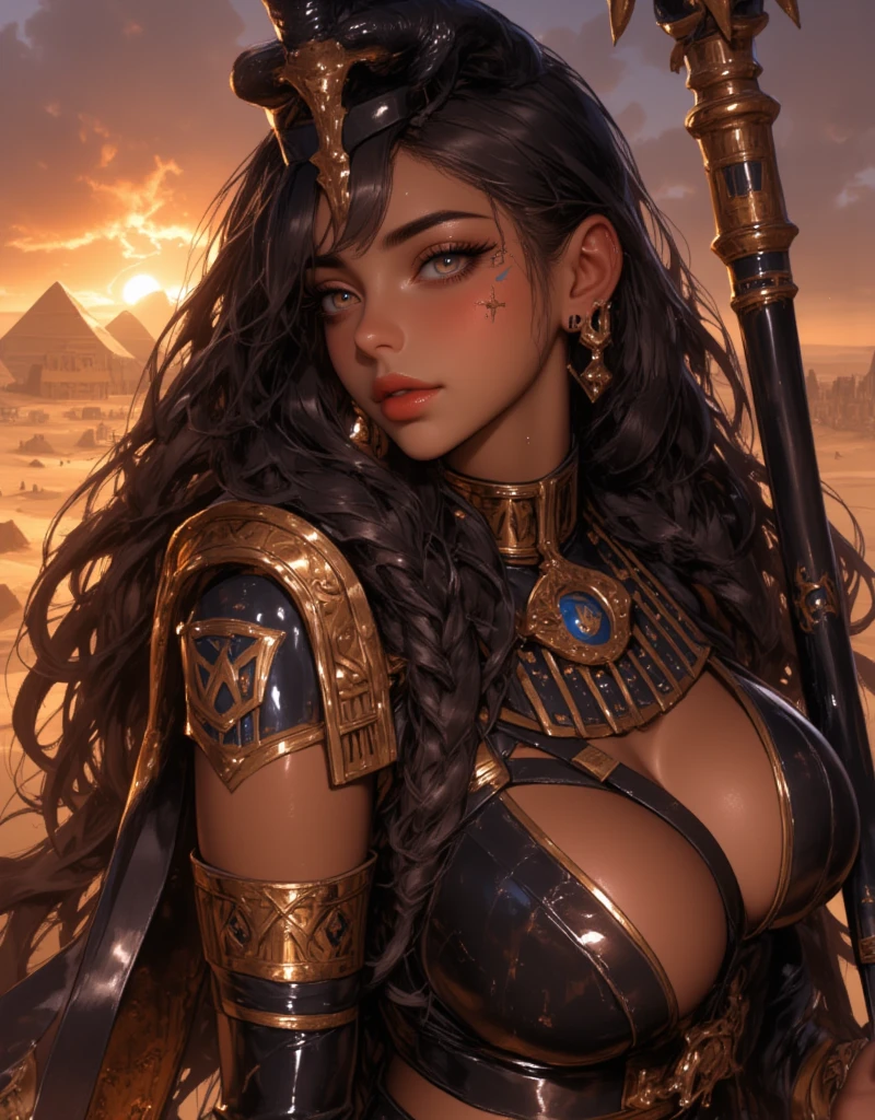 ((Frank Frazetta)), Beautiful full-bodied black woman, Beautiful eyes、 Egyptian woman, Egyptian adornments, muscular and perfect body,(top-quality、8K、32K、masterpiece、nffsw:1.3)、超A high resolution,(Photorealsitic:1.4),, long black hair with heavy bangs on the forehead,,,、muscular body, Red veil, dark skin shiny with oil and sweat, Anubis warrior in small clothes, Metal good, Egyptian tattoo, arms covered by Egyptian adornments, Large breasts, Generous cleavage, , brave face, dark kingdom, Sexy Pose, A desert, pyramids in the background
