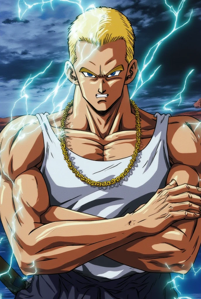 (a tall,strong,masculine:1.1) man with (golden blond hair,piercing blue eyes,detailed hair:1.1,detailed eyes:1.1,long eyelashes), (numerous scars all over his body,scar-covered body), and a (huge,detailed:1.1) scar on his face. The man is depicted in (portrait,realistic style,studio lighting:1.1,masterpiece:1.2) with (ultra-detailed shading and texturing,physically-based rendering,highres quality:1.2). The color palette is (vivid,rich:1.1) with a (warm,golden:1.1) tone which enhances the dramatic atmosphere. The lighting is (dramatic,emphasis on shadows and highlights:1.1) to add depth and intensity to the man's features.