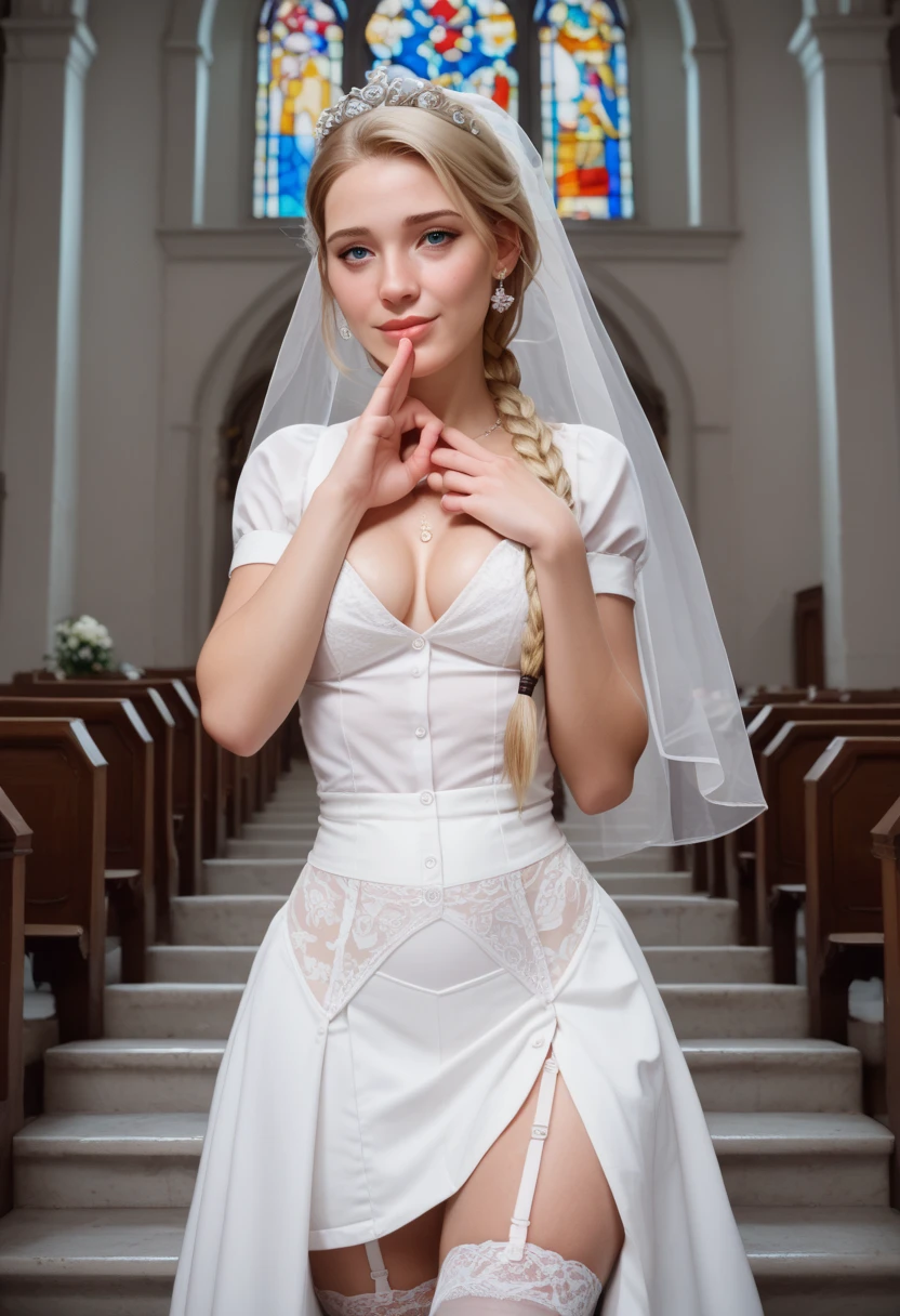 15 year old girl, blonde hair, children's pigtails hair, hair ribbon, Caucasian facial structure, crying, dog collar, she is wearing a sheer tight wedding dress, presenting thong, white panties, visible nipples, marked nipples, she is chained in a church,