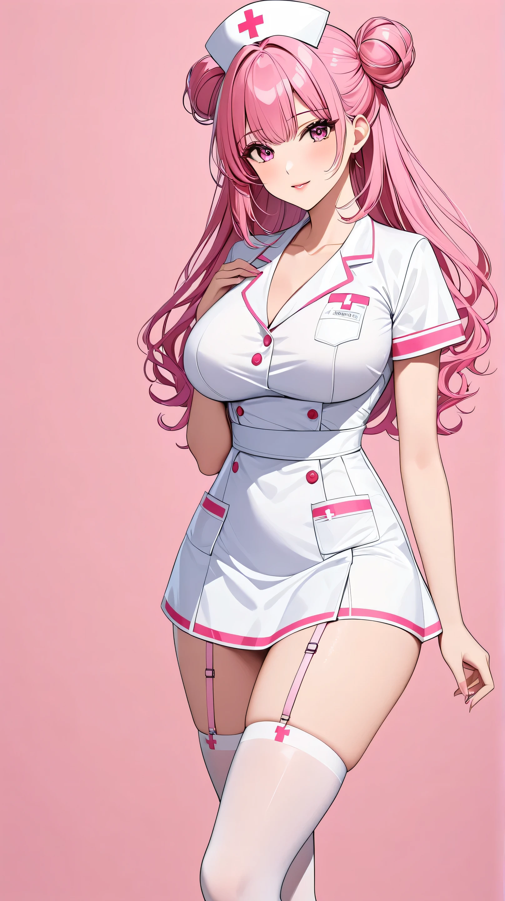 top quality , Masterpiece , high definition Masterpiece pink long hair, curly hair, pink Eyes, twin bun bun hair, big breast, seductive, flirty, plain backround, white backround, no backround, pink backround, nurse, nurse outfits, cleavege, sexy, stockings, garterbelt, white nurse uniform