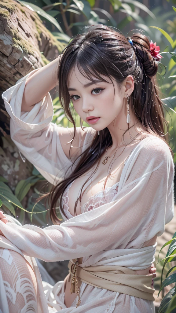 (best quality,4K,8K,high resolution,masterpiece:1.2),Super detailed,(actual,lifelike,photorealistic:1.37),Gorgeous,fair,long golden hair, The goddess in a black and white dress bathing in river,sexy girl,illustration style:, japanese goddess, Yoshigaki, Amazing goddess, ethereal figure, charming eyes, fair white costume, Bright Sunshine, sparkling silver, Yoshitomo Nara, Fuzzy green dragon-shaped smoke