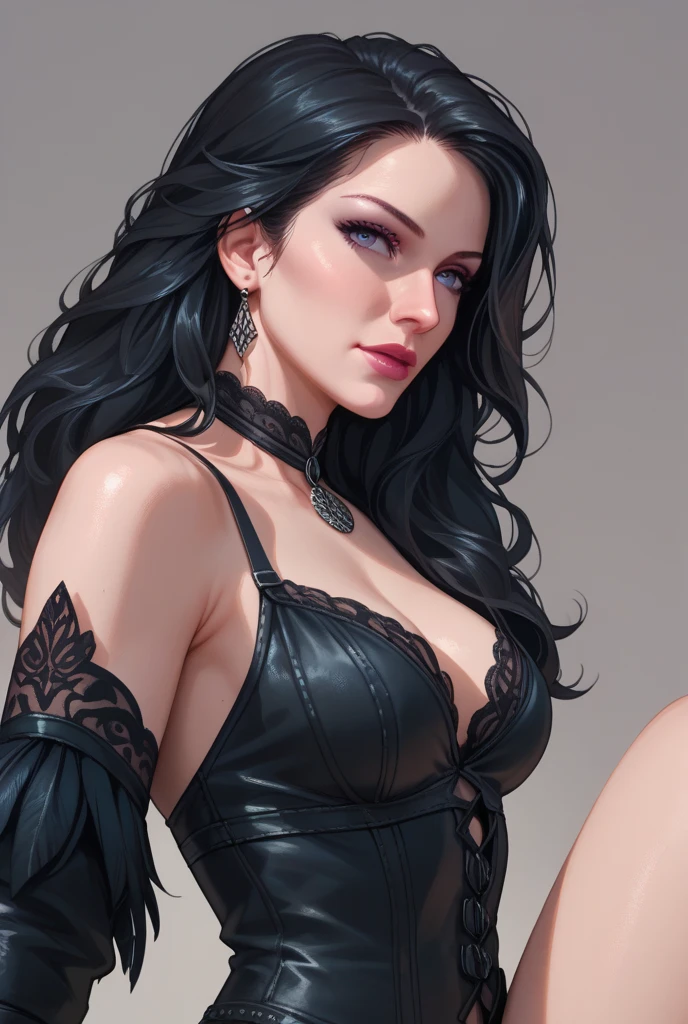 A beautiful girl with cold expression, long black hair, striking purple eyes, wearing a dark elegant black gown, fantasy portrait, highly detailed, photorealistic, 8K, masterpiece, intricate details, dramatic lighting, cinematic composition, moody color palette
