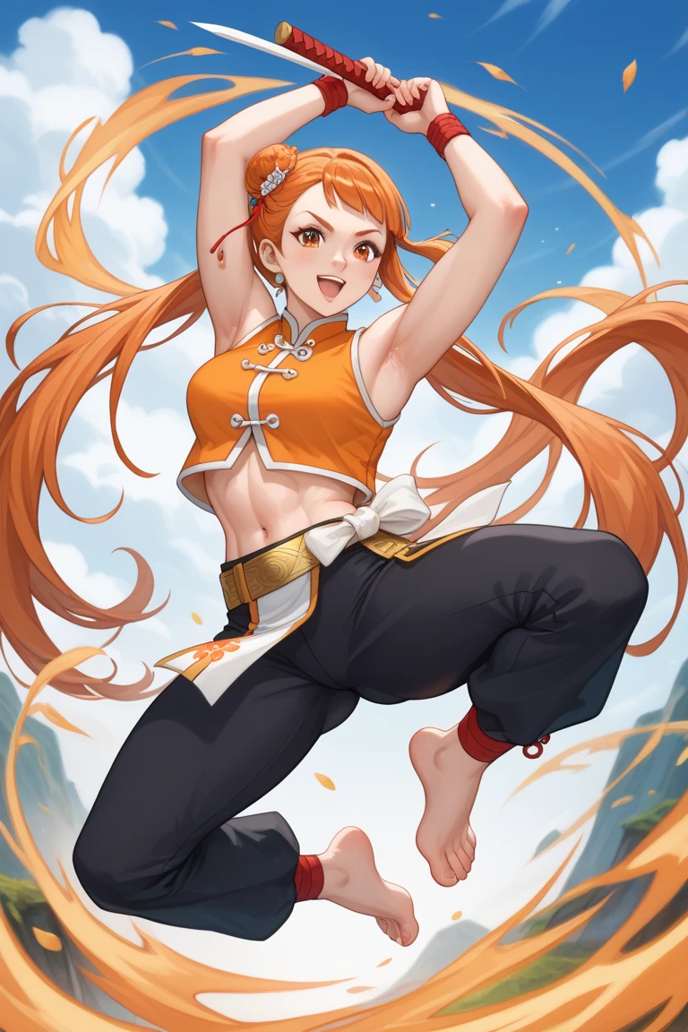 best quality, high resolution, best quality, high resolution, (huge breasts:1.2), leaning forward, sky, from below, 1 woman, dark magician girl, big breasted, mature woman, grown up, white tunic, pelvic curtain, pink obi, cleavage, bridal gauntlets, elbow gloves, red choker, dancing seductively, smiling joyfully, looking at viewer, beach environment