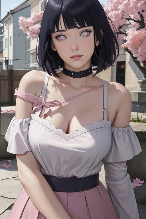 masterpiece, absurdres, hinata\(boruto\), 1girl, solo,mature female, off-shoulder strap bra, high waist short skirt, looking at viewer, (falling petals), perfect composition, detailed lips, big breast, beautiful face, body propotion, blush, (pink lips), long hair,  purple eyes,  soft gaze,  super realistic, detailed, photoshoot, realistic face and body,