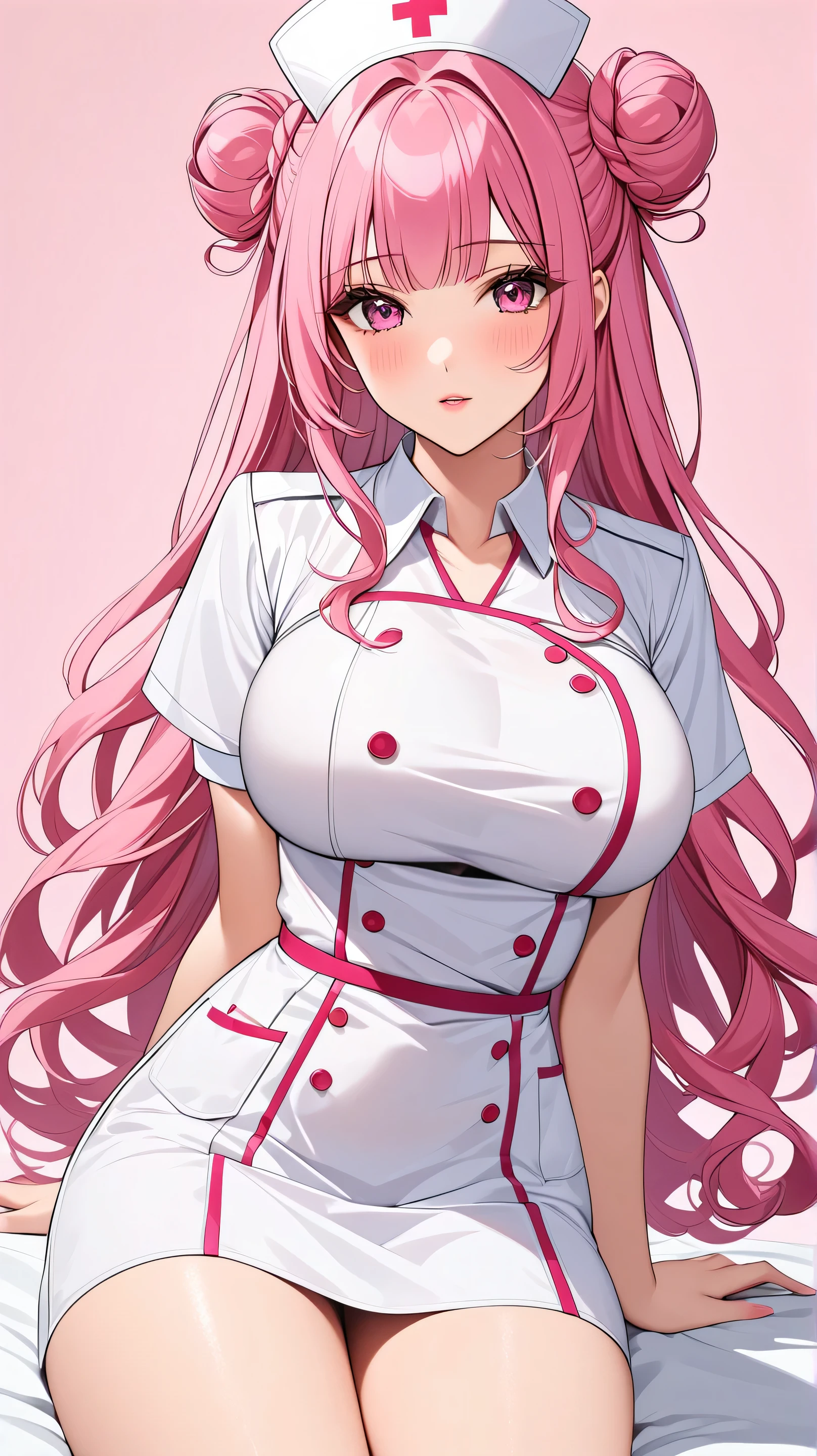 top quality , Masterpiece , high definition Masterpiece pink long hair, curly hair, pink Eyes, twin bun bun hair, big breast, seductive, flirty, plain backround, white backround, no backround, pink backround, nurse, nurse outfits, cleavege, sexy, stockings, garterbelt, white nurse uniform slumped shirt