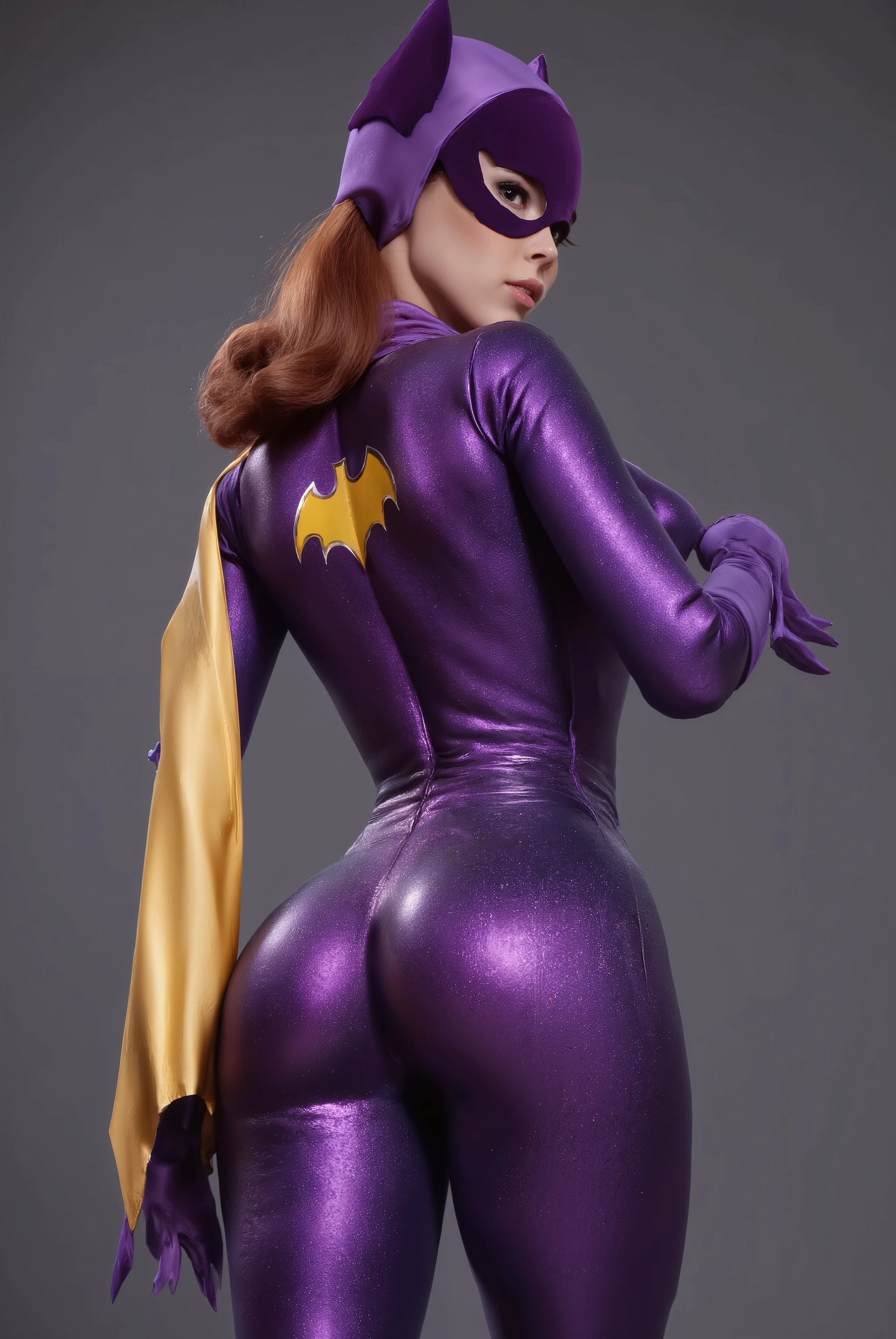 sexy Hungarian model, Masterpiece, Award Winning, High Quality, artgerm, solo, bubble butt, wearing retro Batgirl purple costume , , big breast, retro red hair, looking at viewer, makeup, no cape, b4tg1rl woman, posing sexy, back angle, showing her ass, focus on her ass, She has a round ass, Round ass, large breasts, Backwards