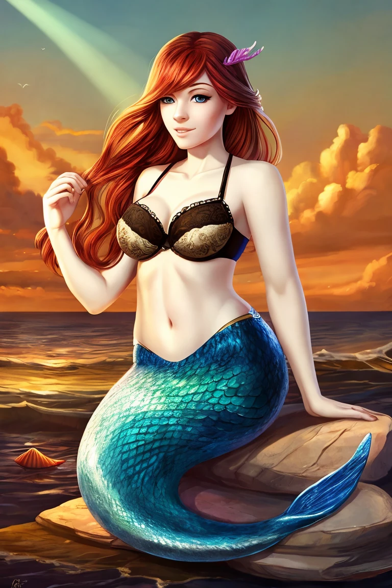 Red-haired mermaid with long hair. Lying on a rock on the seashore. digital painting, artstation, concept art, soft focus, sharp, illustration --auto --s2