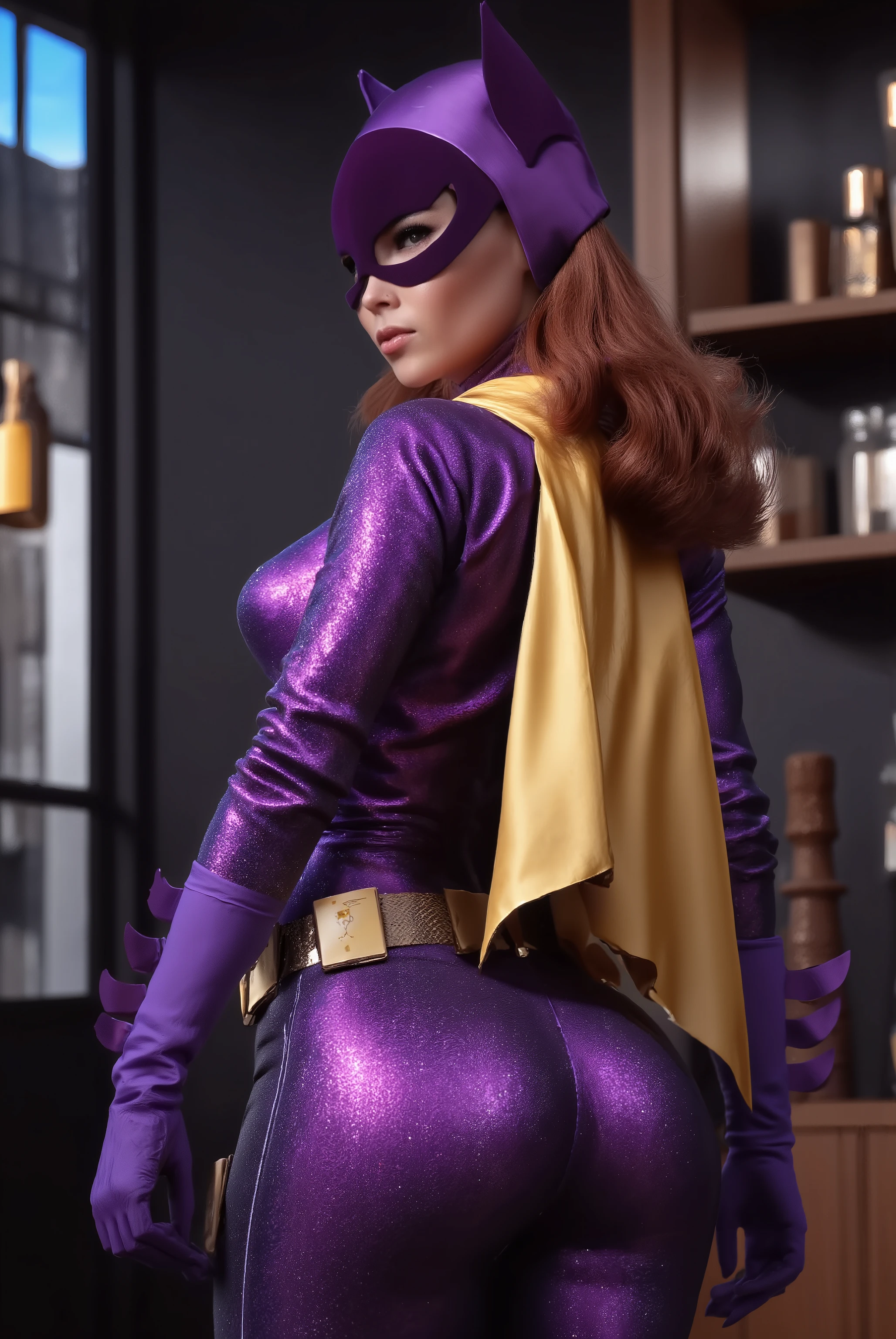 sexy Hungarian model, Masterpiece, Award Winning, High Quality, artgerm, solo, bubble butt, wearing retro Batgirl purple costume , , big breast, retro red hair, looking at viewer, makeup, no cape, b4tg1rl woman, posing sexy, back angle, showing her ass, focus on her ass, She has a round ass, Round ass, large breasts, Backwards, at a 60s gogo club