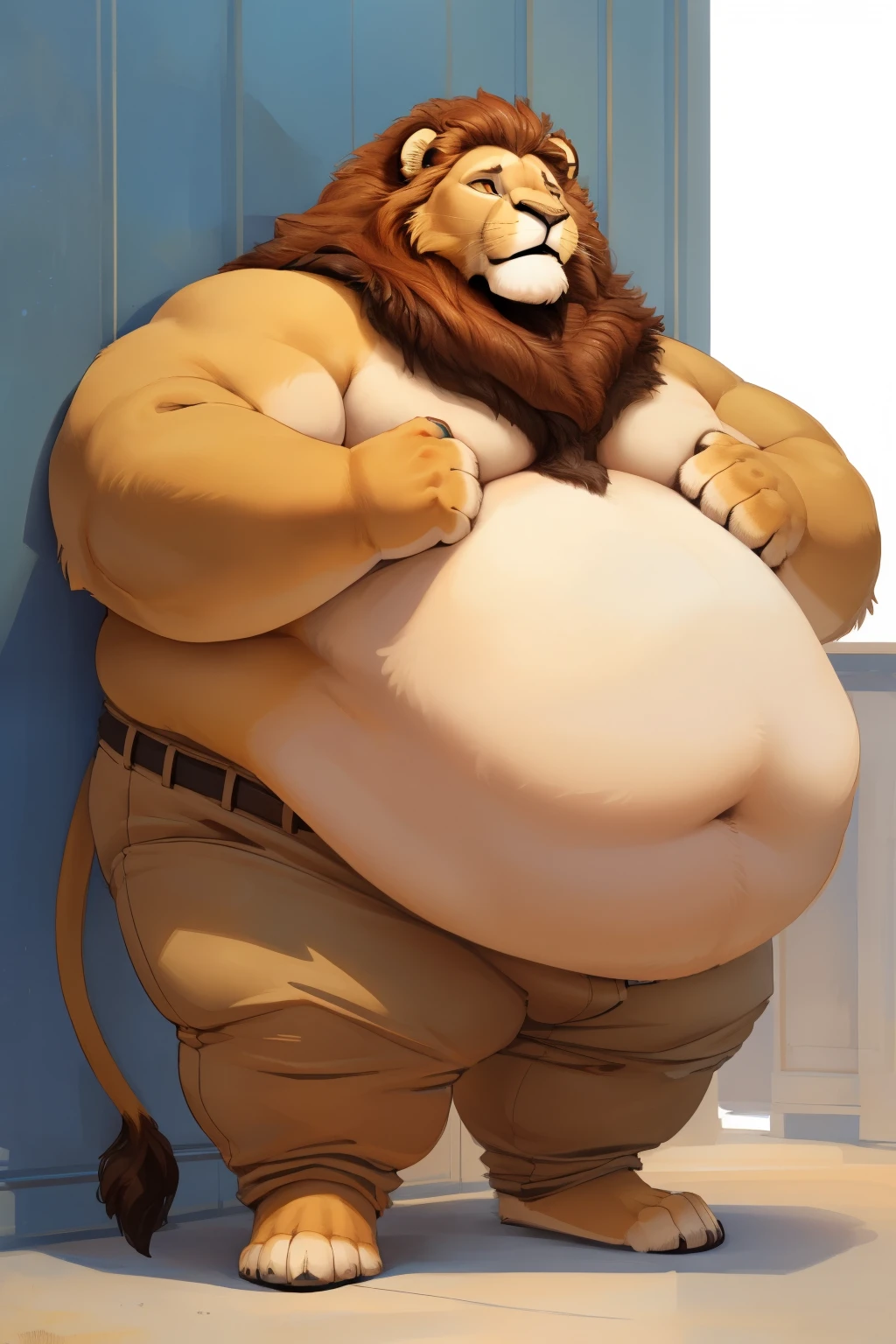 Lion, male, adult, long blond mane, beard along brown chin, green eyes, detailed eyes, extremely obese, very fat, not muscular, chubby face, drooping pecs, very large very fat very round belly, tight jockstrap