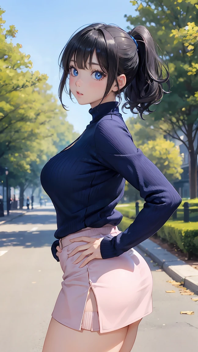 masterpiece, best quality, absurdres, OnoShiragiku, bob cut, sweater, ribbed sweater, long sleeves, high-waist pants, outdoors, city, arms behind back, <lora:OnoShiragiku:1>