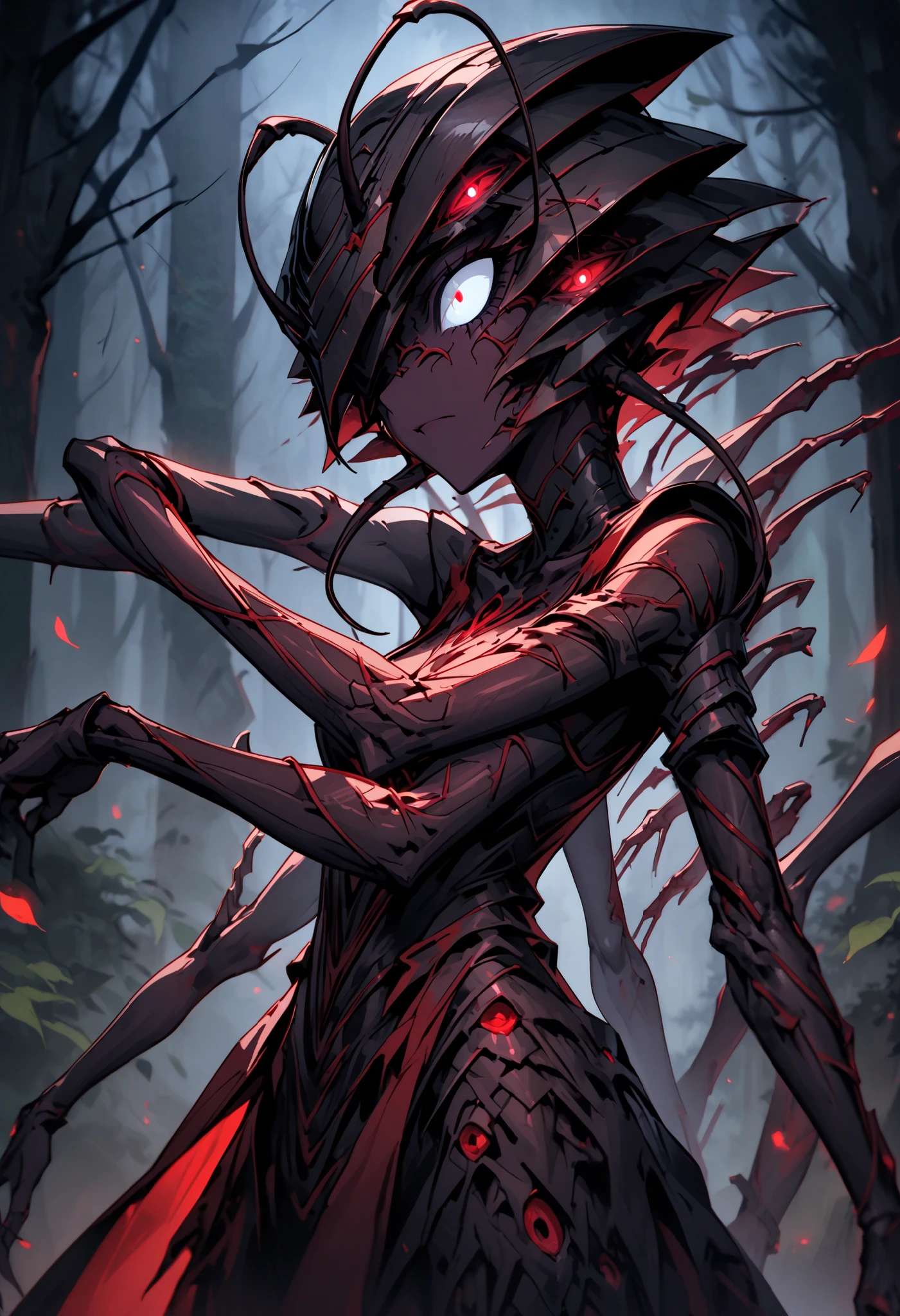 The Red Cap Goblins emerges from the deep forest, background Abyssal Forest, in the forest. perfect anatomy, masterpiece, best quality, 16k, beautiful detailed darkness, daydreaming expression.