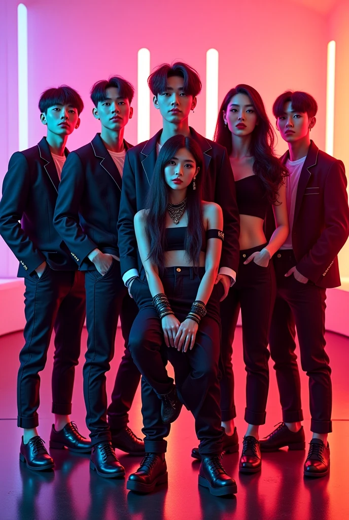 1 woman, 7 men kpop artists, posing on stage, everyone's face seen clearly like real people
