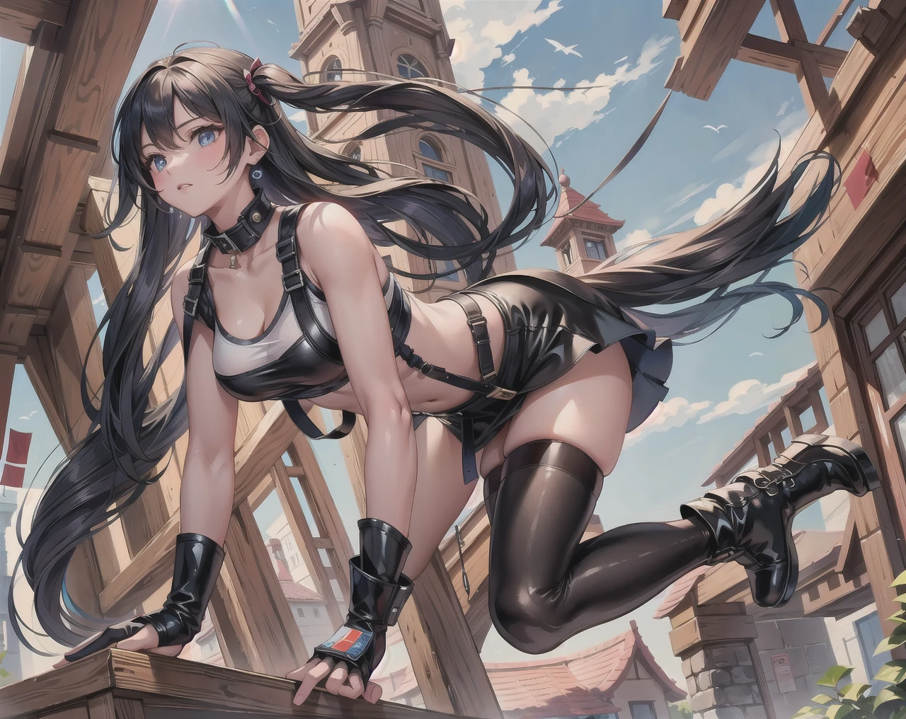 ultra-detailed, Explicit, Beautiful body, Beautiful Nose, Beautiful character design, perfect eyes, perfect face, ultra highres, 4K, beautiful legs, perfect legs, Nice hands, Perfect hand, Masterpiece, Best Quality, Highly detailed, illustration, absurdres, perfect anatomy, street fighter, doll suit, shadaloo doll, dollsuit, expressionless, blank eyes, looking at viewer, red gloves, emotionless, black latex, corrution, mind control, female combatant, full body, hypnotized, unhappy trance, full body suit, ribbed bodysuit, obey, perfect female body, extremely glossy latex, hypnosis, hypnoLora, empty eyes, Mind control device, poses, submissive_pose, Slave, standing straight, standing, standing at attention, hat, necktie, belt, latex, ribbed bodysuit, thighhighs, garter belt, Fighting Stance, extending the right arm from the shoulder into the air with a straightened hand, military, thigh boots, black pantyhose, (((pixel-perfect, detail-perfect))), solo, 1girl, hair ornaments, very long hair, black hair, hair ribbon, yellow eyes, Dreamer, Girls Frontline, small breast, crucifix, crucified posing,