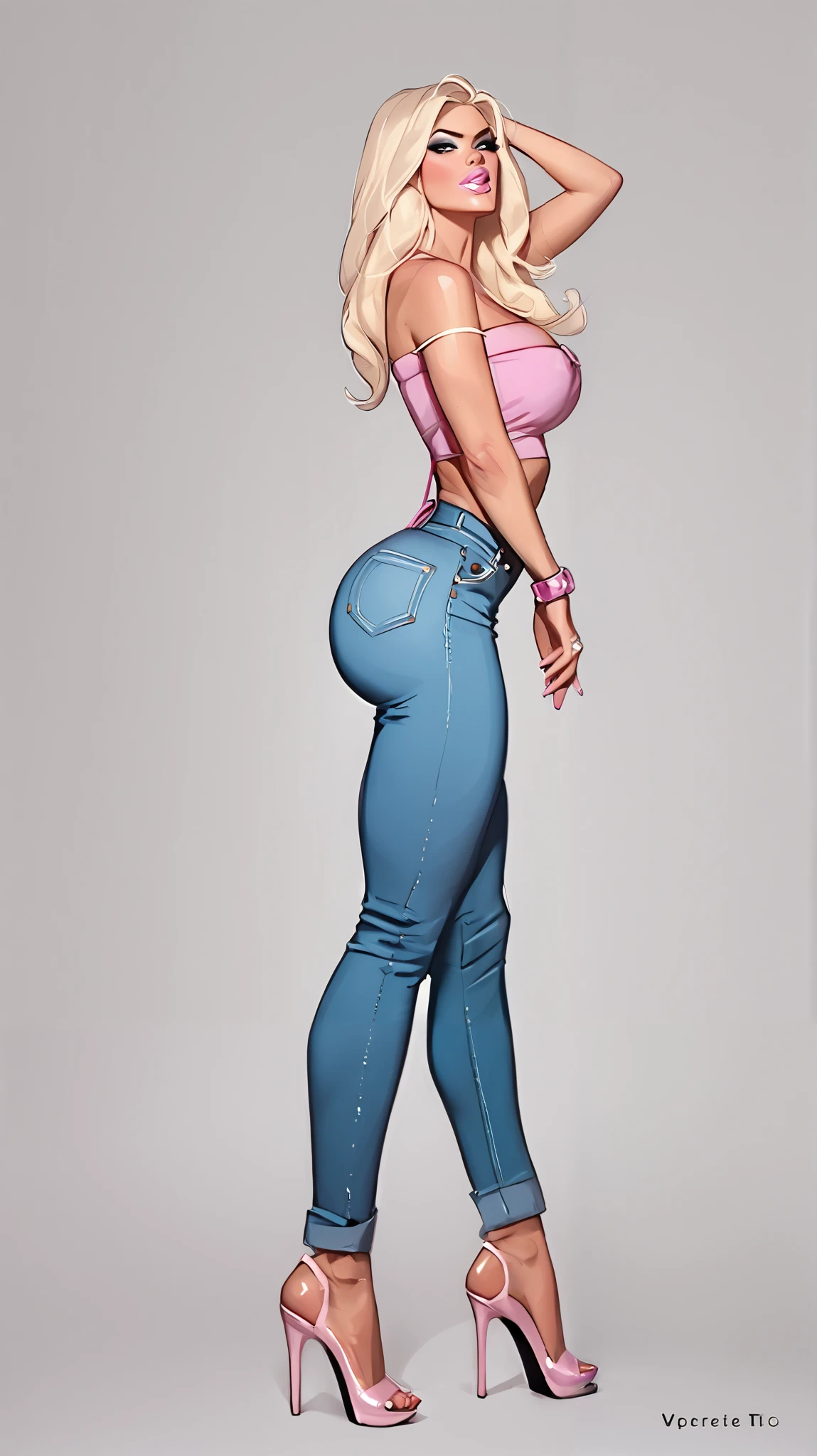 female , solo, torso shot , blonde hair, natural makeup, braless, wearing white tube top shirt with spandex and jeans short pant, stilettos, high heels, long legs, night at The Hollywood Walk of Fame, dynamic lighting, masterpiece, ultra detailed, movie scene, dramatic photo, perspective, vignette, cinematic