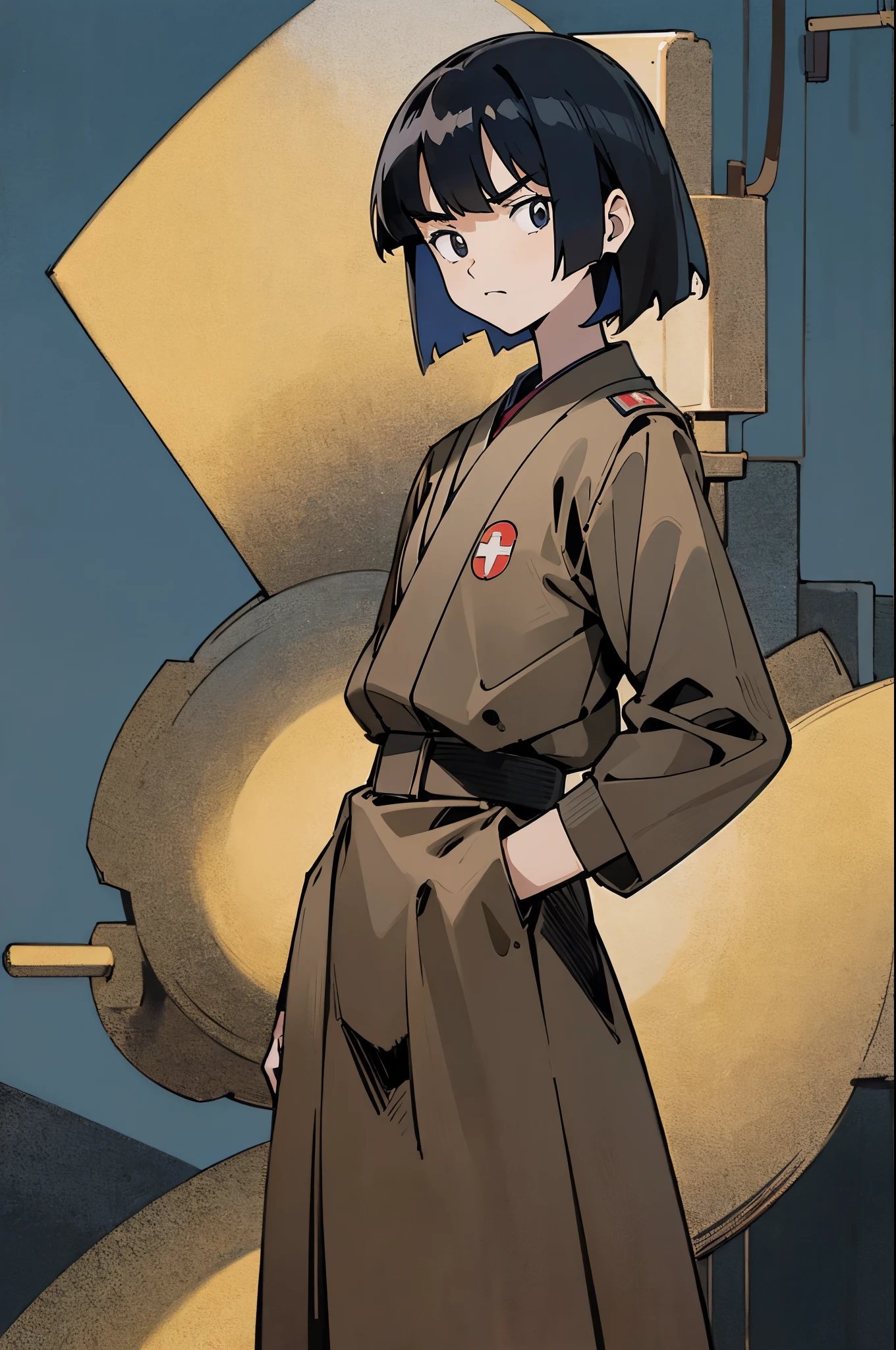 by Ken Sugimori, sugimori 1990s, ((only 1man)), adult, navy military uniform, Boshin war uniform, gold epaluets, scowling, ((hands behind their back)), full black pupils, manga, best quality, highly detailed, clean lines, cowboy shot, good hands, good eyes, hd, 8k, professional, symmetrical, hires, 8k,