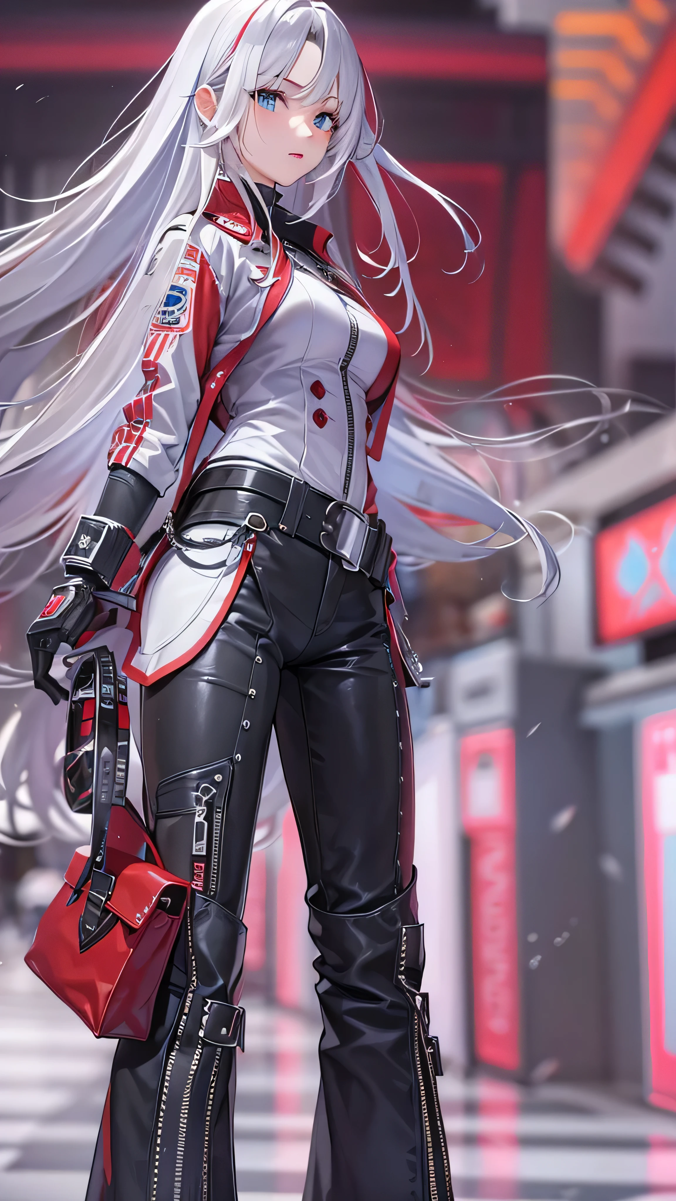 Anime girl with long white hair and red purse standing in a city ...