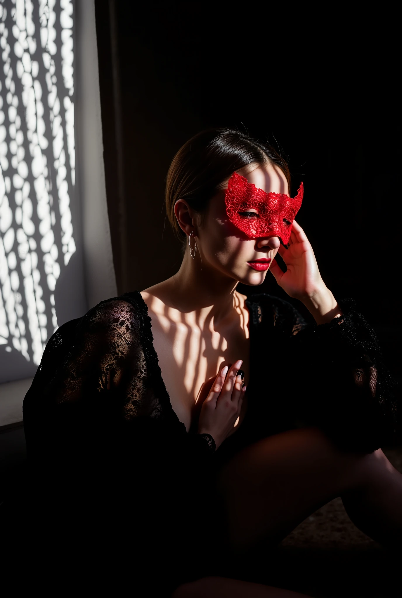 (best quality, 128k,highres,masterpiece:1.2),ultra-detailed,(realistic,photorealistic,photo-realistic:1.37), ((masterpiece)) ((photography)) ((Highest quality)) A dimly lit room with soft light filtering through window blinds, creating dramatic shadows. A provocative woman sits in an alluring pose, wearing a delicate red lace mask that covers part of her face. She is dressed in black lace lingerie, partially concealed by a sheer black robe that adds a sense of mystery. The scene is enhanced with subtle colored highlights, emphasizing the textures of the lace and the contours of her figure, giving the image an intimate and seductive ambiance.